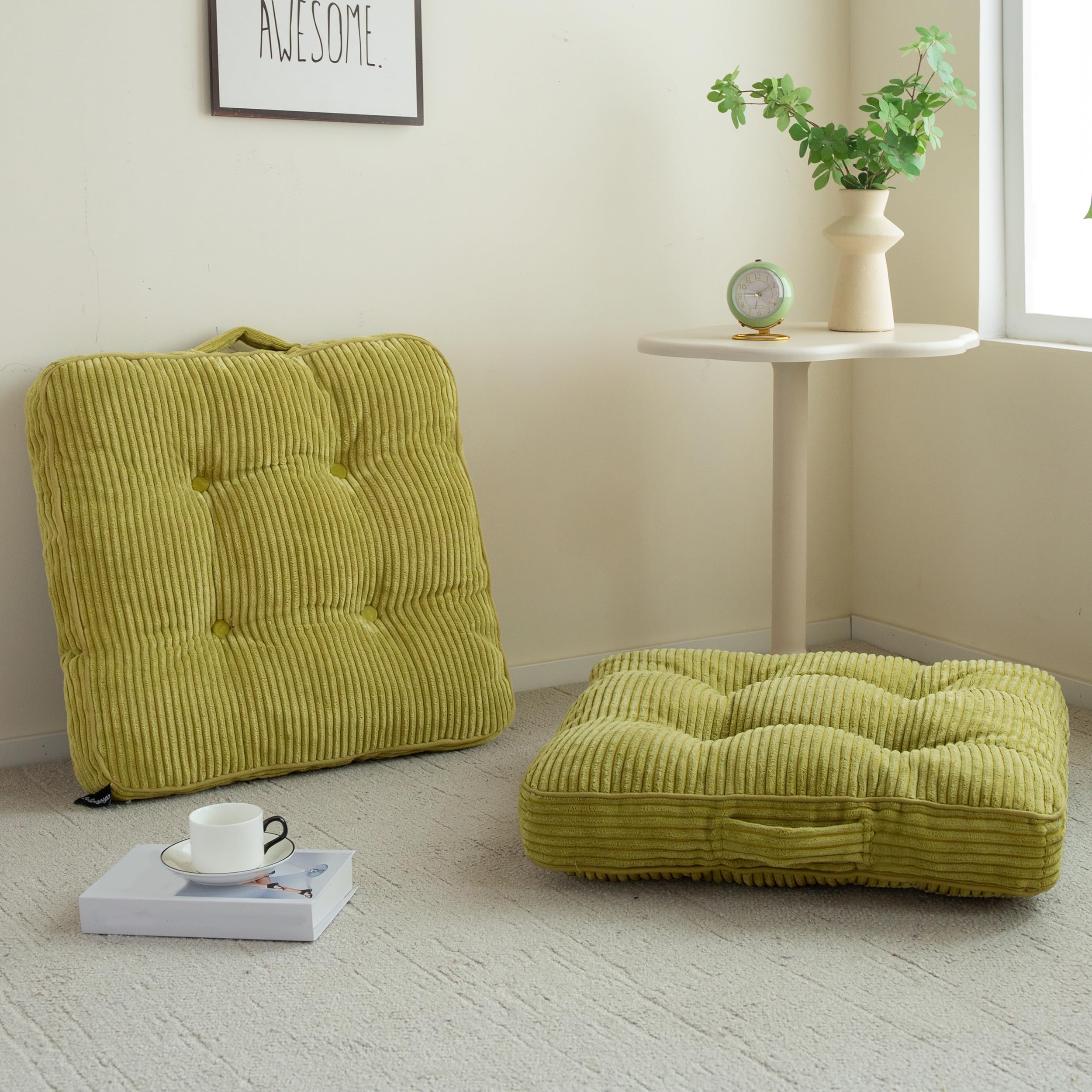 HIGOGOGO Floor Pillow Cushion for Adults, Meditation Cushion Pillow, Large Round Floor Sitting, Tufted Corduroy Cover, for Tatami Living Room or Yoga, 22x22 Inch, Beige
