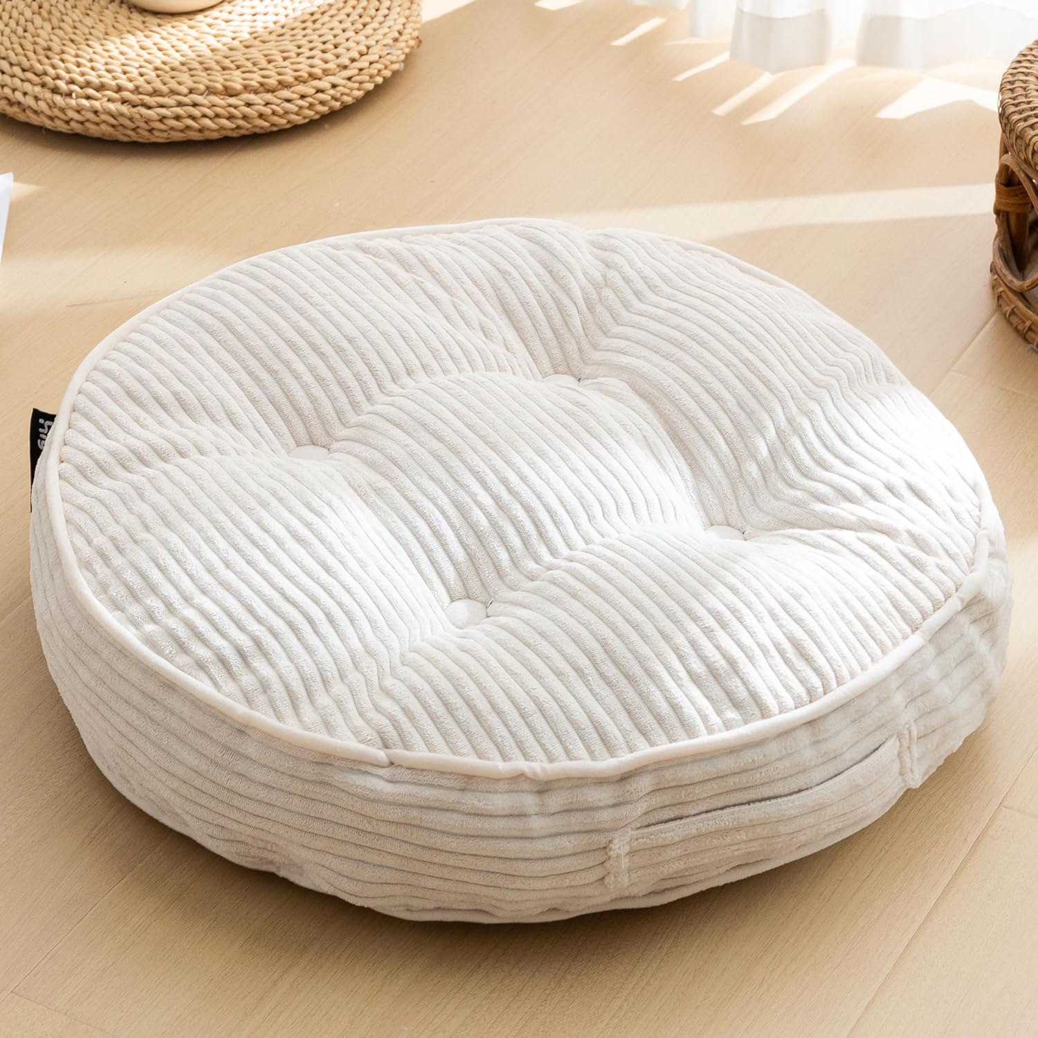 HIGOGOGO Floor Pillow Cushion for Adults, Meditation Cushion Pillow, Large Round Floor Sitting, Tufted Corduroy Cover, for Tatami Living Room or Yoga, 22x22 Inch, Beige
