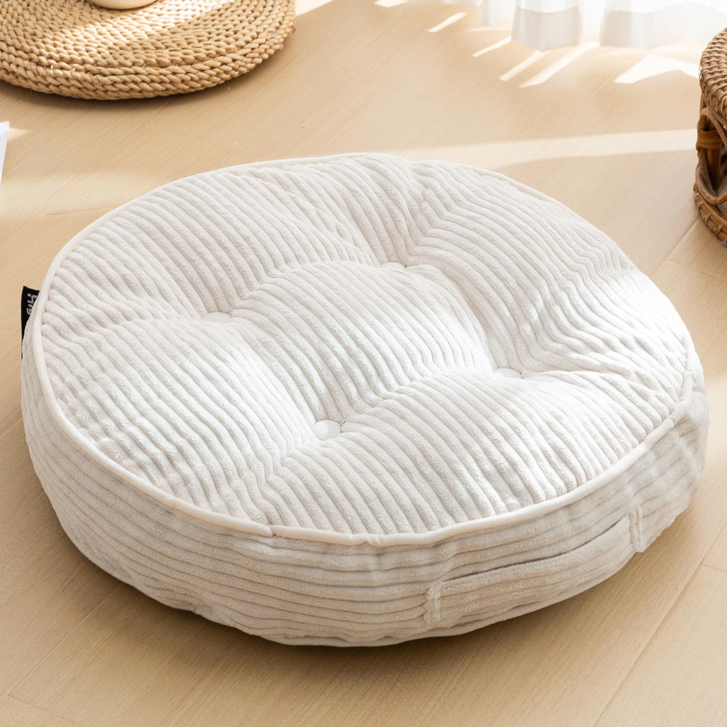 HIGOGOGO Floor Pillow Cushion for Adults, Meditation Cushion Pillow, Large Round Floor Sitting, Tufted Corduroy Cover, for Tatami Living Room or Yoga, 22x22 Inch, Beige