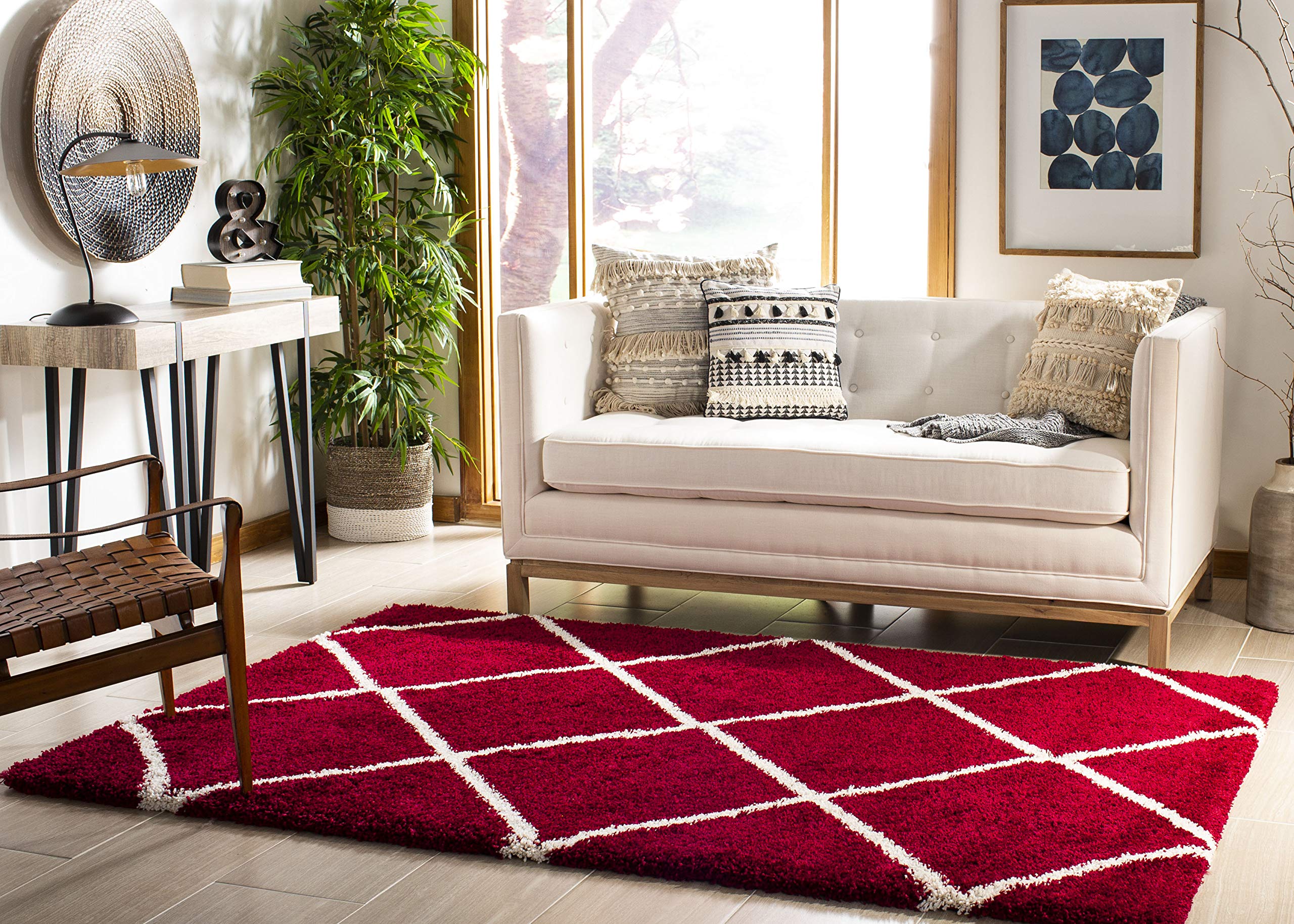 SAFAVIEH Hudson Shag Collection Area Rug - 5'3" x 7'6", Beige & Ivory, Modern Trellis Design, Non-Shedding & Easy Care, 2-inch Thick Ideal for High Traffic Areas in Living Room, Bedroom (SGH281S)