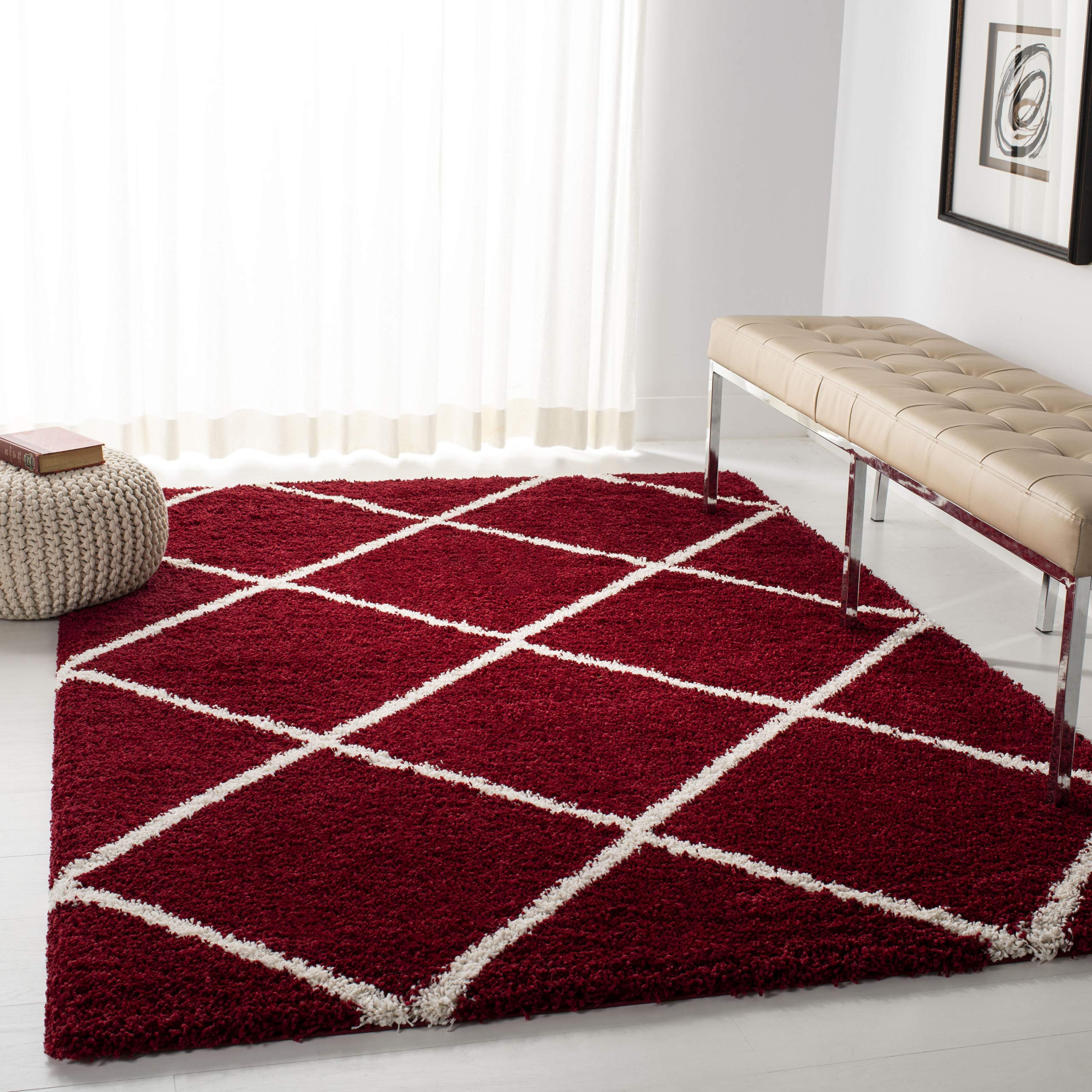 SAFAVIEH Hudson Shag Collection Area Rug - 5'3" x 7'6", Beige & Ivory, Modern Trellis Design, Non-Shedding & Easy Care, 2-inch Thick Ideal for High Traffic Areas in Living Room, Bedroom (SGH281S)