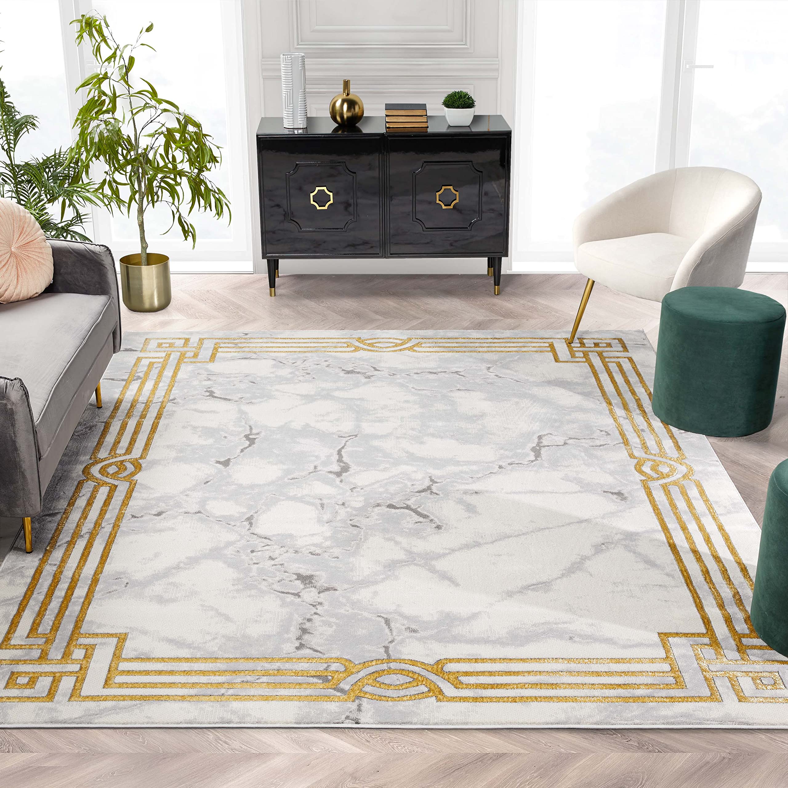 Well Woven Fairmont Collection Huntington Grey Gold & Ivory Marble Border Elegant & Soft 5x7 Area Rug Perfect for Bedroom & Living Room Durable Stain Resistant & Easy to Clean