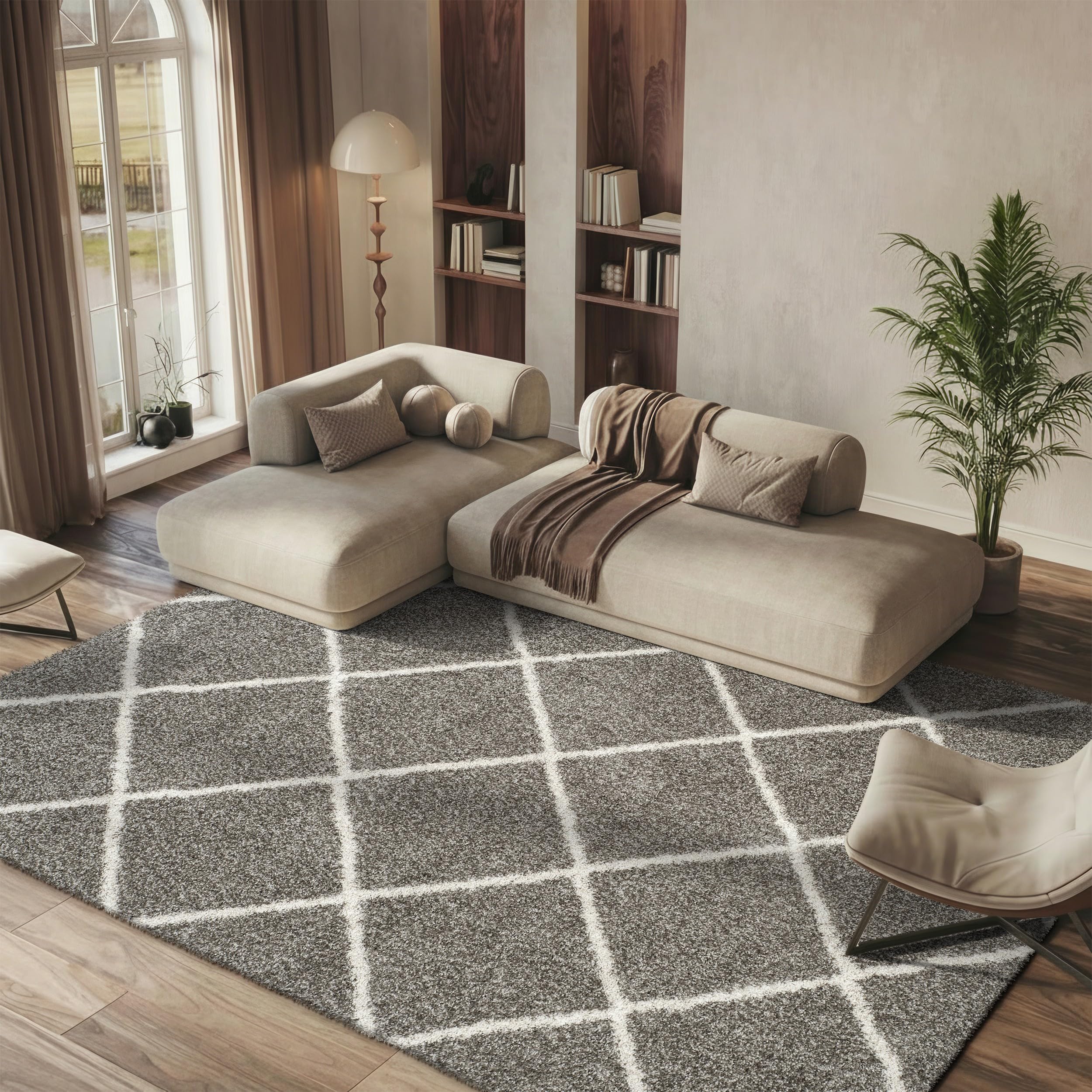 SAFAVIEH Hudson Shag Collection Area Rug - 5'3" x 7'6", Beige & Ivory, Modern Trellis Design, Non-Shedding & Easy Care, 2-inch Thick Ideal for High Traffic Areas in Living Room, Bedroom (SGH281S)