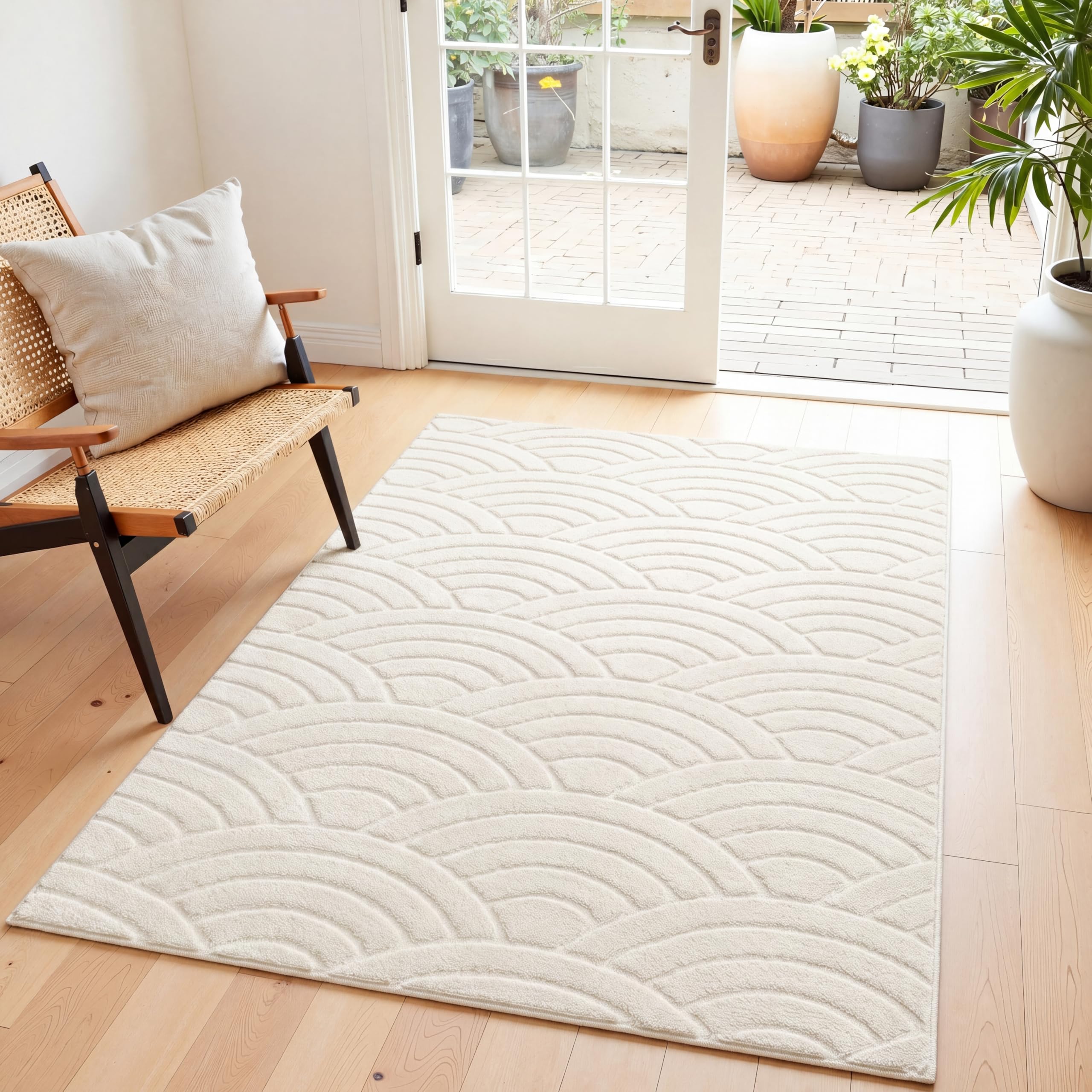 SHACOS Soft Cozy Fluffy Arch Waves Pattern High-Low Textured Area Rug 5'x7' Non Slip Washable Minimalist Modern Graphic Rainbow Carpet for Living Room Bedroom Bathroom Dining Room, Cream