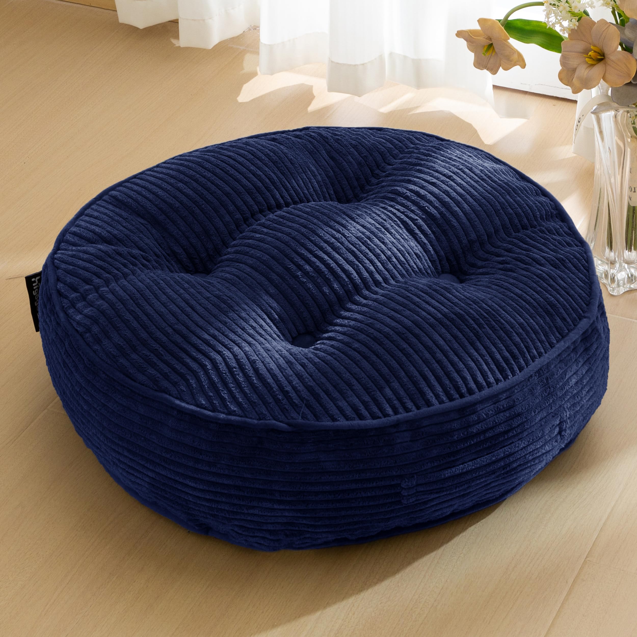 HIGOGOGO Floor Pillow Cushion for Adults, Meditation Cushion Pillow, Large Round Floor Sitting, Tufted Corduroy Cover, for Tatami Living Room or Yoga, 22x22 Inch, Beige