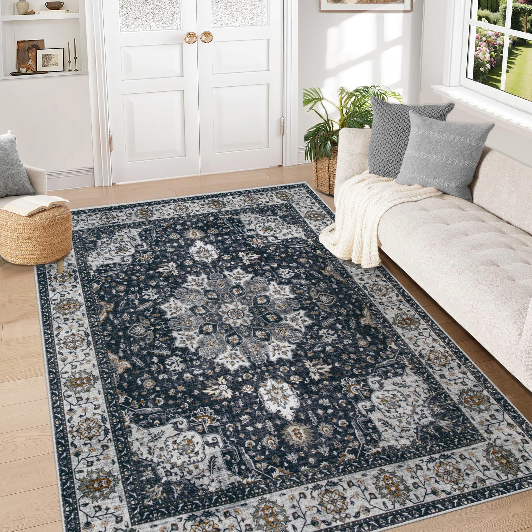 Beige 8x10ft Washable Boho Rug, Non-Slip Low Pile Carpet for Home & Office
