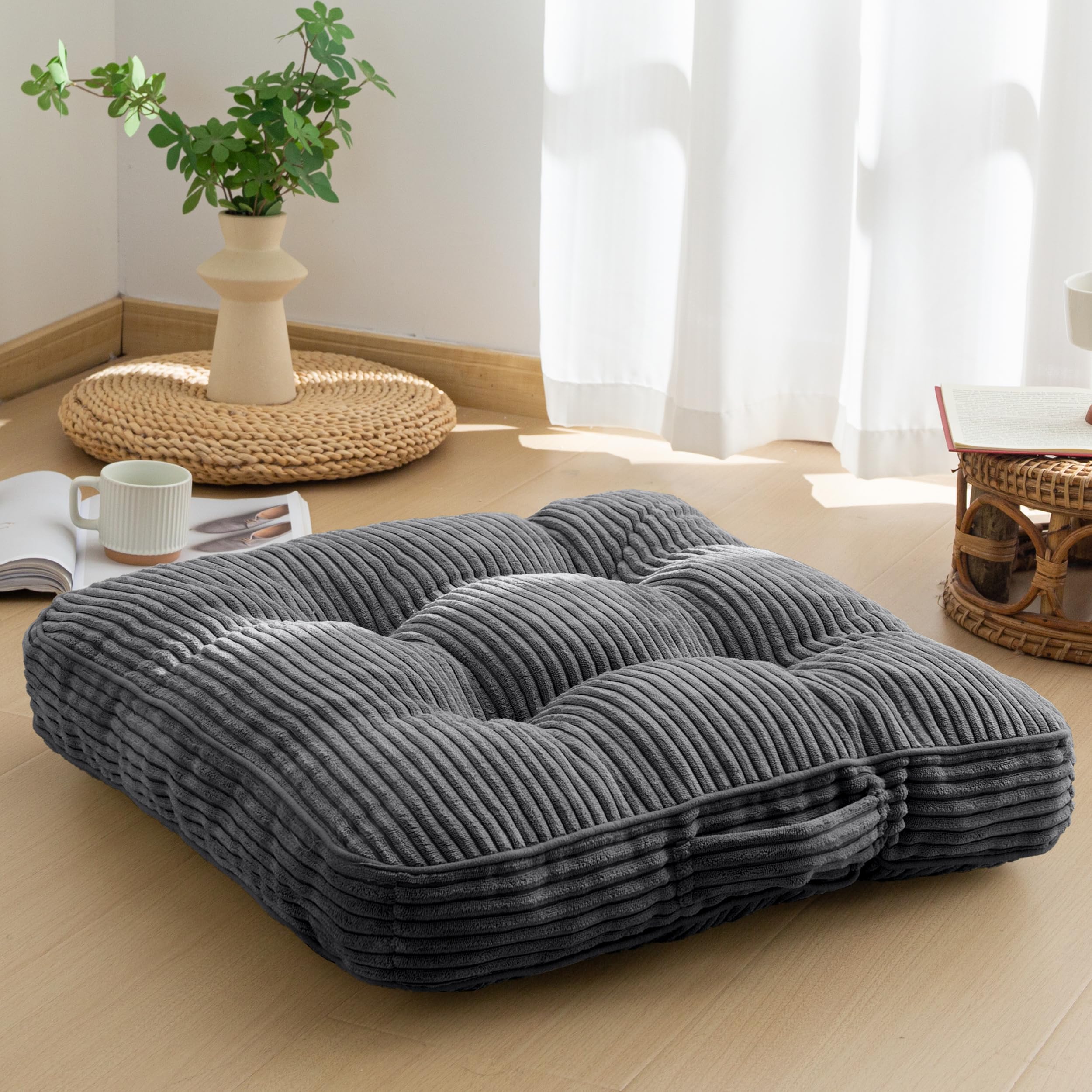 HIGOGOGO Floor Pillow Cushion for Adults, Meditation Cushion Pillow, Large Round Floor Sitting, Tufted Corduroy Cover, for Tatami Living Room or Yoga, 22x22 Inch, Beige