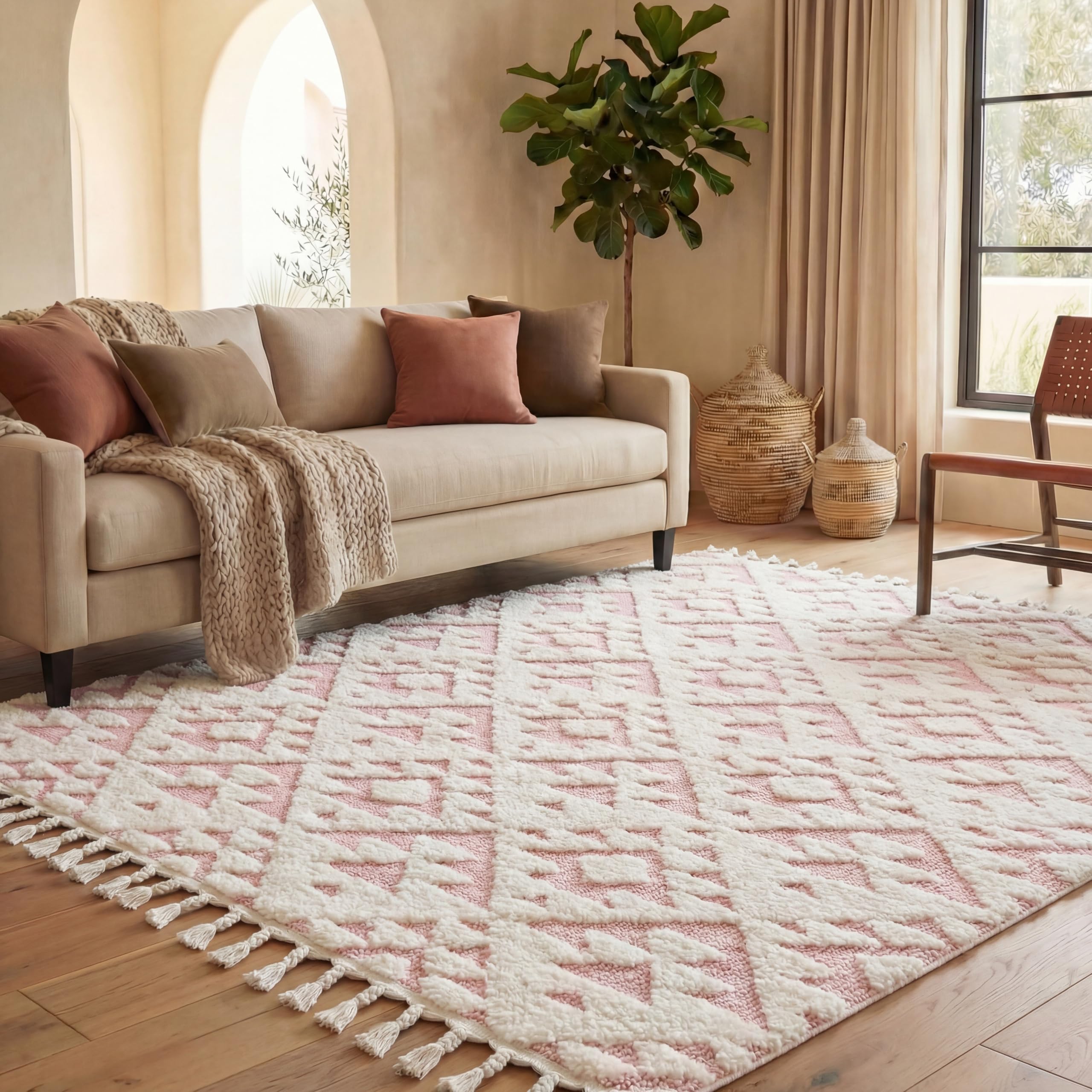 SAFAVIEH Moroccan Tassel Shag Collection Area Rug - 5'3" x 7'6", Ivory, Non-Shedding & Easy to Clean, Plush High-Low Texture, Ideal for Living Room, Bedroom, Dining Space (MTS688C)