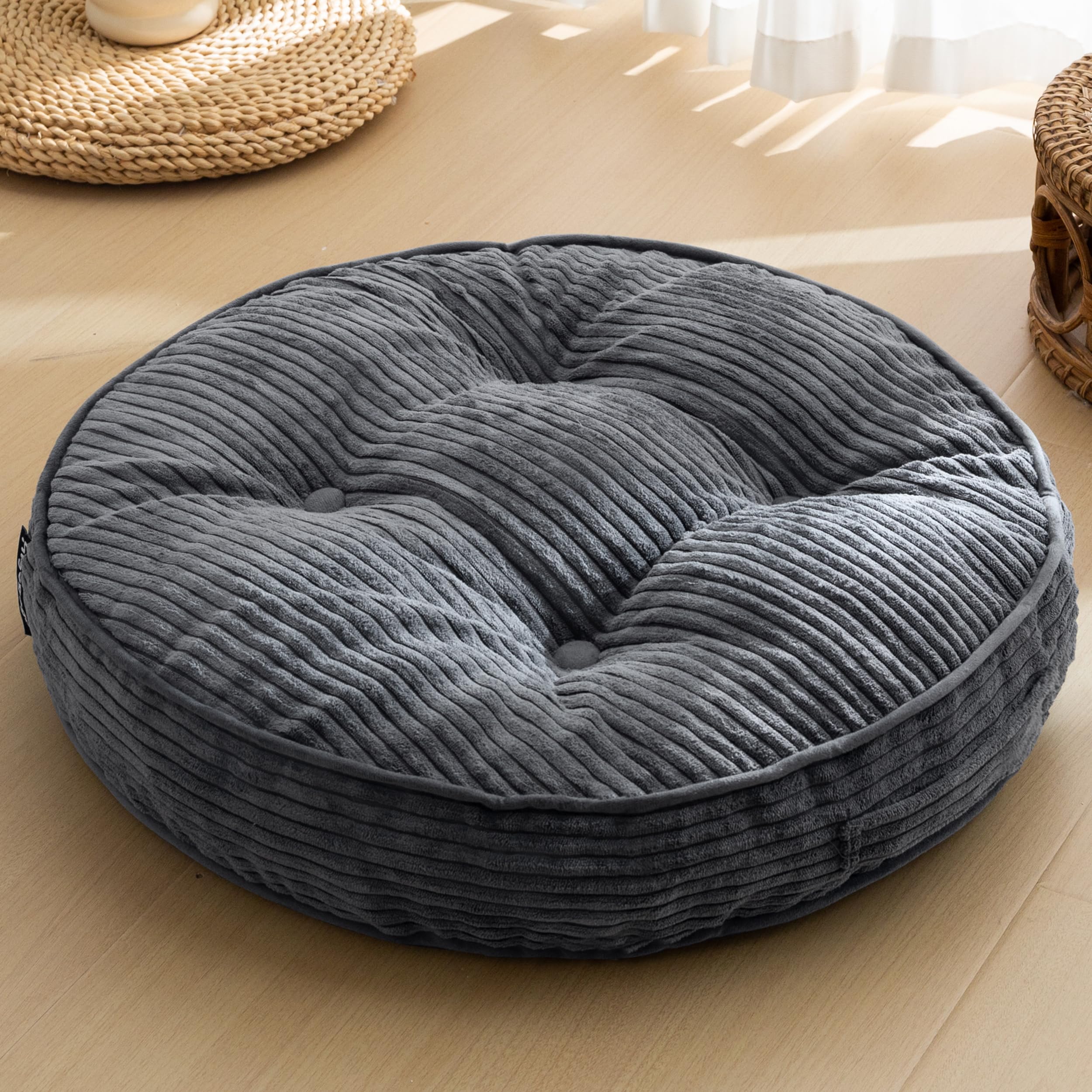 HIGOGOGO Floor Pillow Cushion for Adults, Meditation Cushion Pillow, Large Round Floor Sitting, Tufted Corduroy Cover, for Tatami Living Room or Yoga, 22x22 Inch, Beige