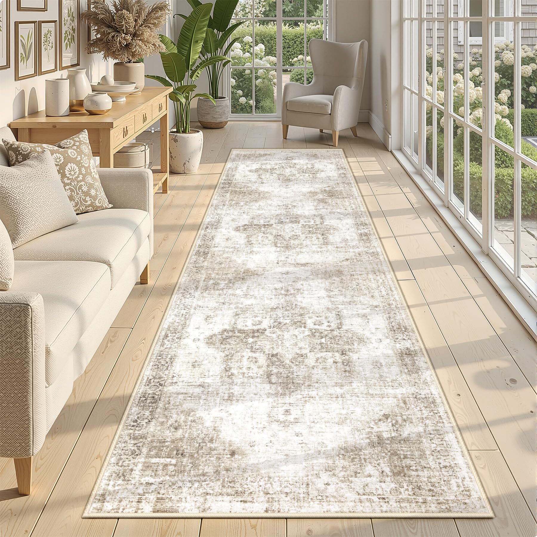 Beige 8x10ft Washable Boho Rug, Non-Slip Low Pile Carpet for Home & Office