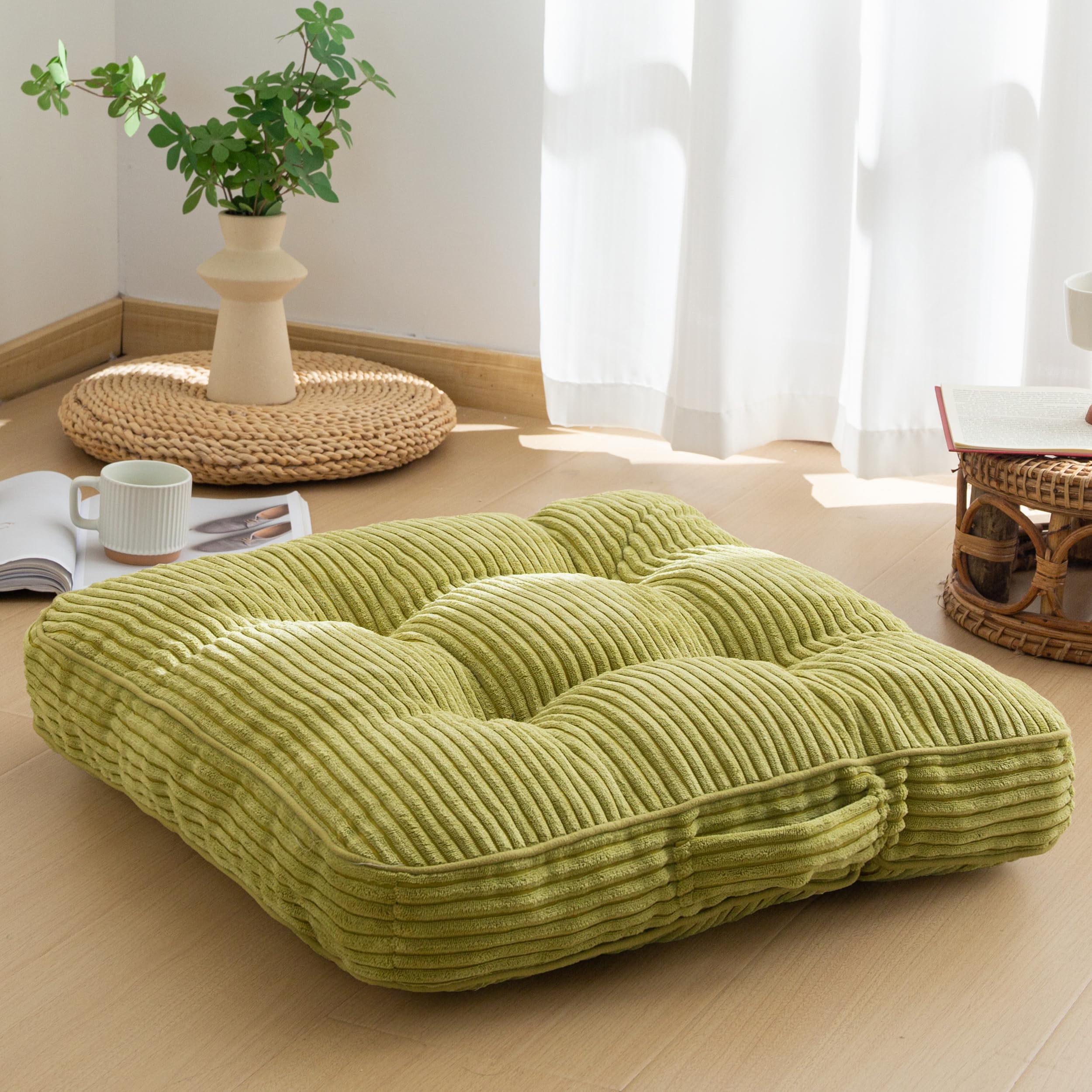 HIGOGOGO Floor Pillow Cushion for Adults, Meditation Cushion Pillow, Large Round Floor Sitting, Tufted Corduroy Cover, for Tatami Living Room or Yoga, 22x22 Inch, Beige