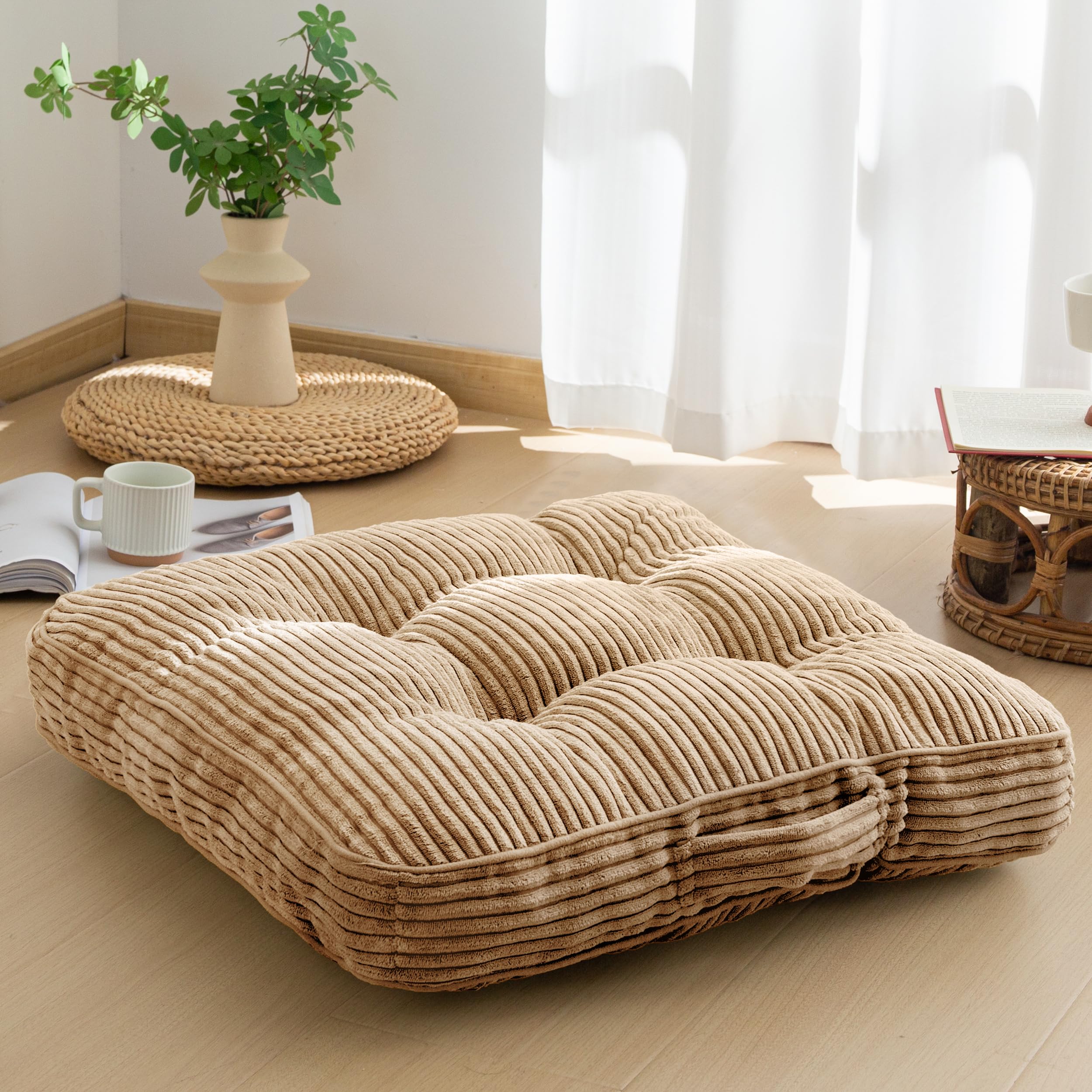 HIGOGOGO Floor Pillow Cushion for Adults, Meditation Cushion Pillow, Large Round Floor Sitting, Tufted Corduroy Cover, for Tatami Living Room or Yoga, 22x22 Inch, Beige