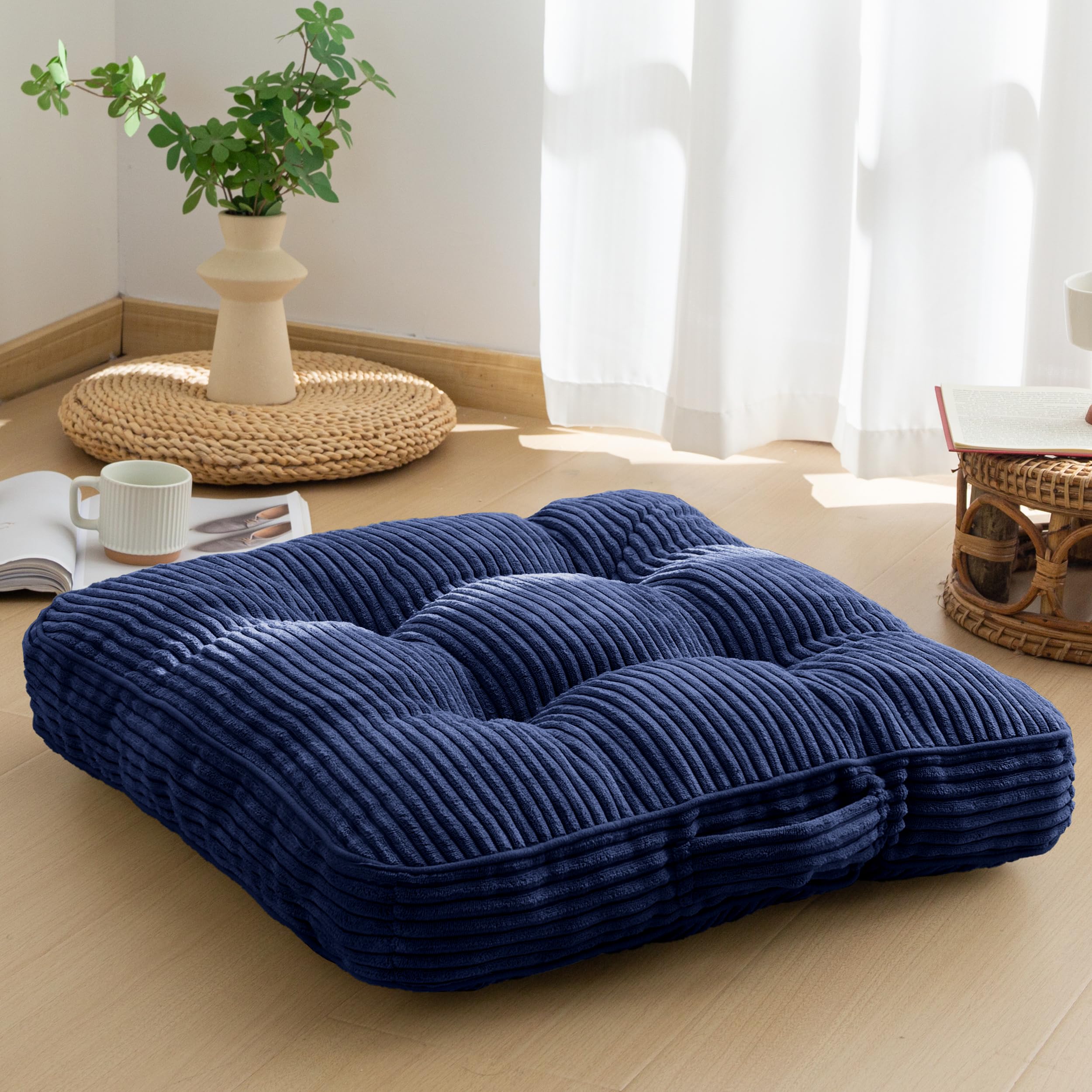 HIGOGOGO Floor Pillow Cushion for Adults, Meditation Cushion Pillow, Large Round Floor Sitting, Tufted Corduroy Cover, for Tatami Living Room or Yoga, 22x22 Inch, Beige