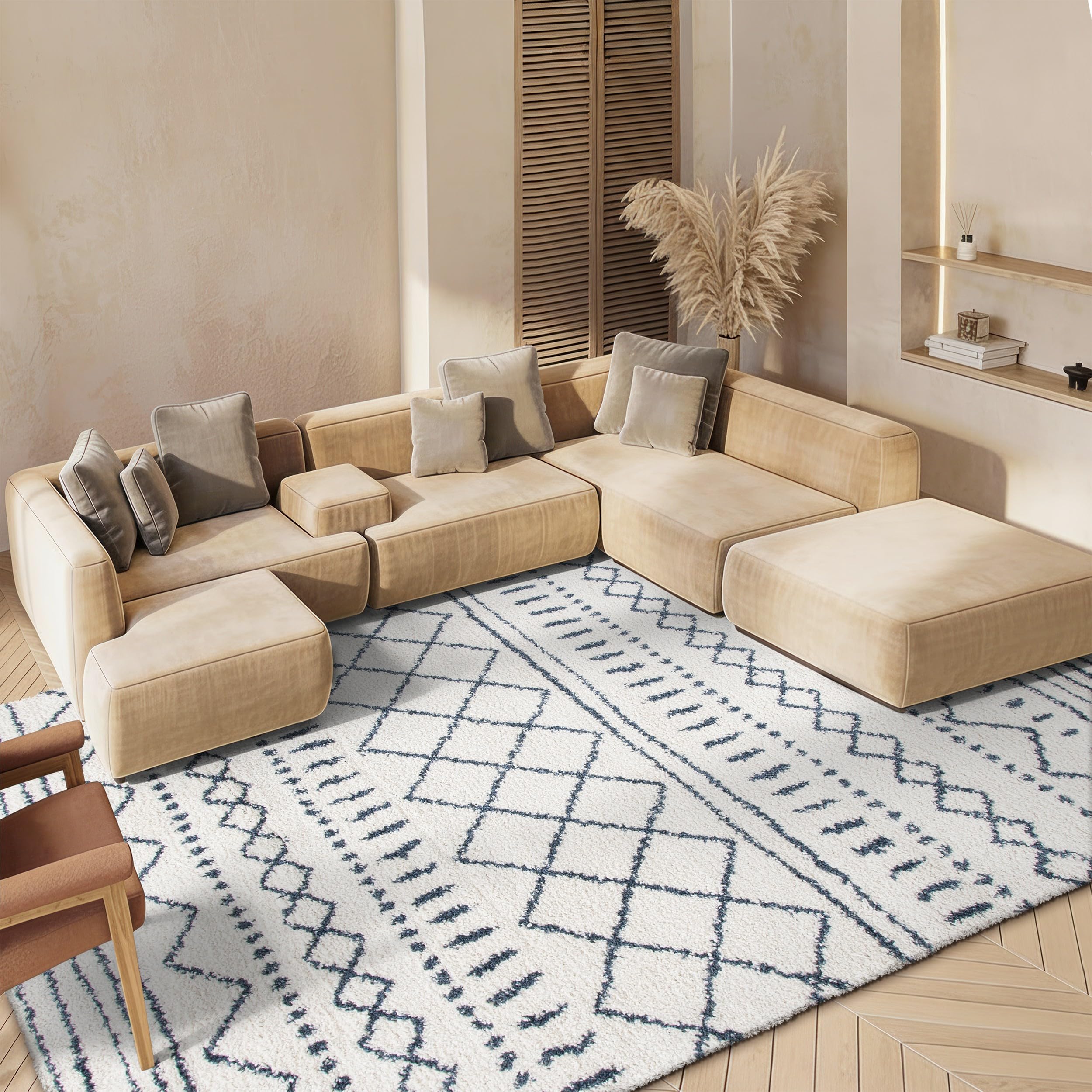 SAFAVIEH Arizona Shag Collection Area Rug - 6'7" x 9'2", Ivory & Beige, Moroccan Boho Design, Non-Shedding & Easy to Clean, Ideal for Living Room, Bedroom, Dining Space (ASG741A)
