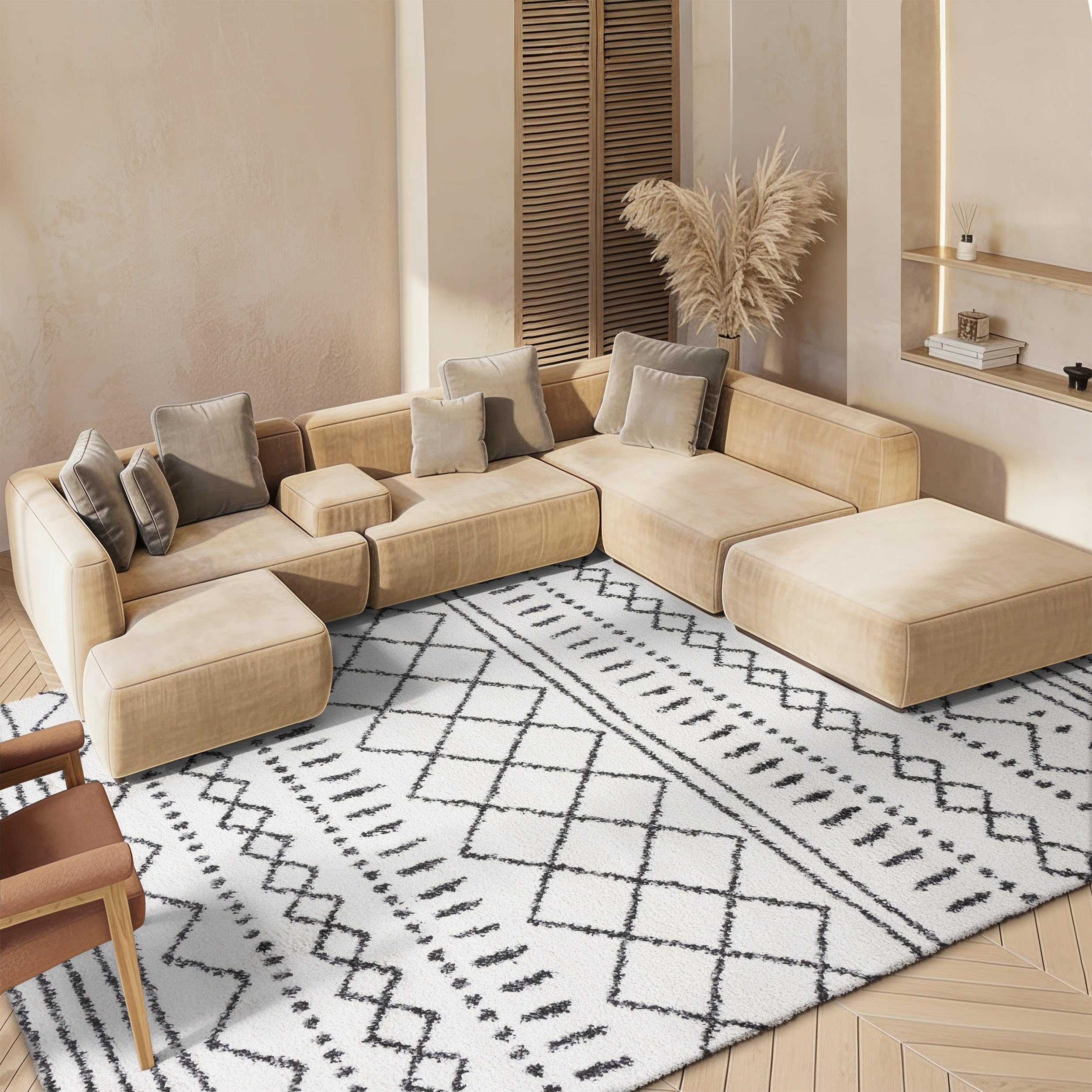 SAFAVIEH Arizona Shag Collection Area Rug - 6'7" x 9'2", Ivory & Beige, Moroccan Boho Design, Non-Shedding & Easy to Clean, Ideal for Living Room, Bedroom, Dining Space (ASG741A)