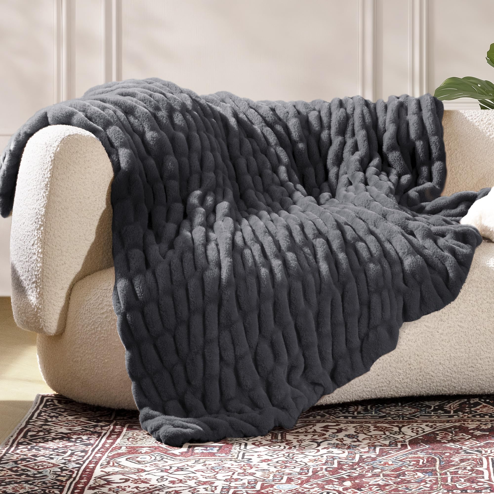 Ultra Soft Cozy Faux Fur Throw Blanket-Fuzzy Plush Thick Bubble Blanket, Fluffy Blanket for Couch, Sofa, Bedroom, and Living Room, 50x60 Inches, Dark Grey Taupe