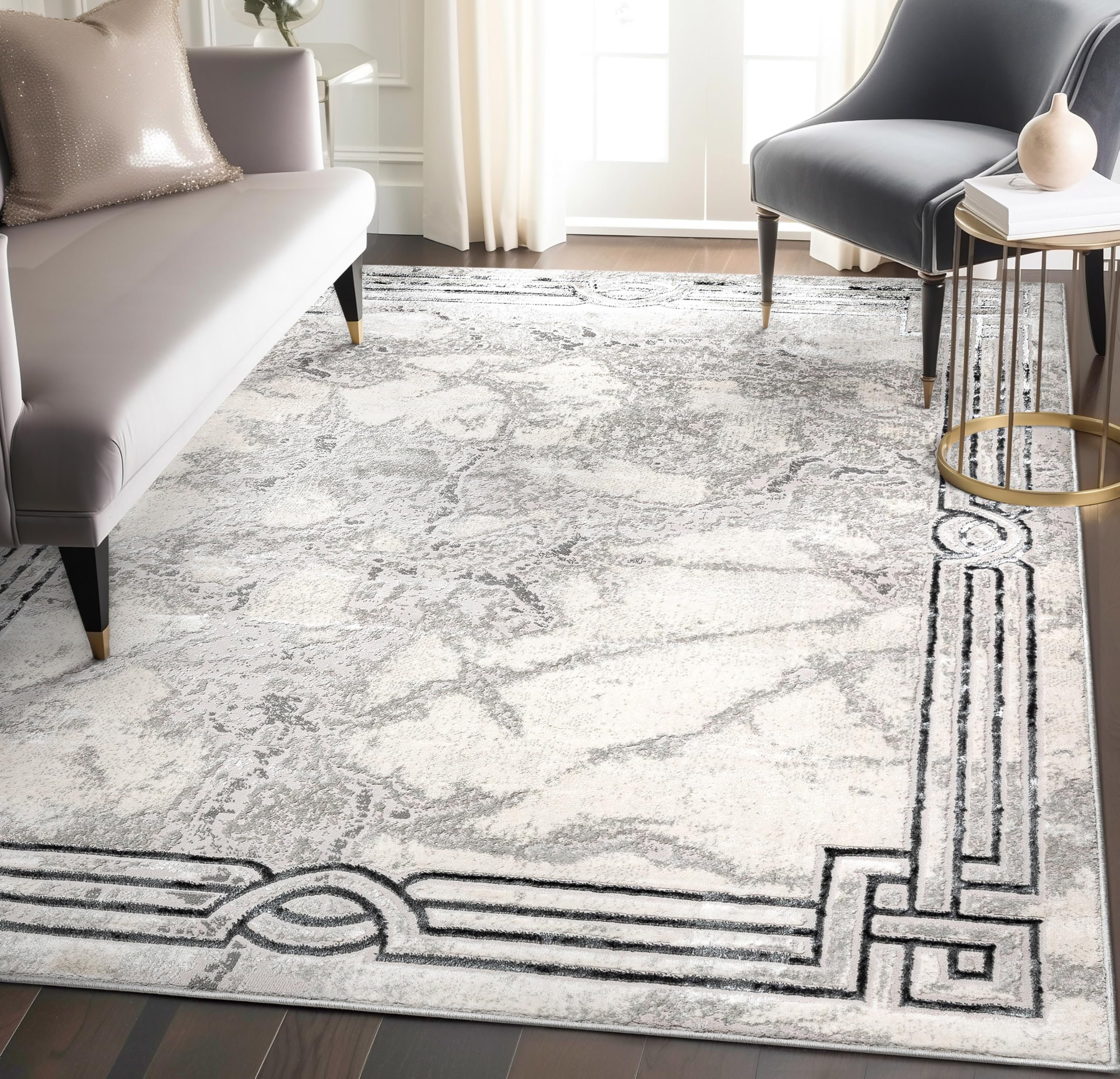 Well Woven Fairmont Collection Huntington Grey Gold & Ivory Marble Border Elegant & Soft 5x7 Area Rug Perfect for Bedroom & Living Room Durable Stain Resistant & Easy to Clean