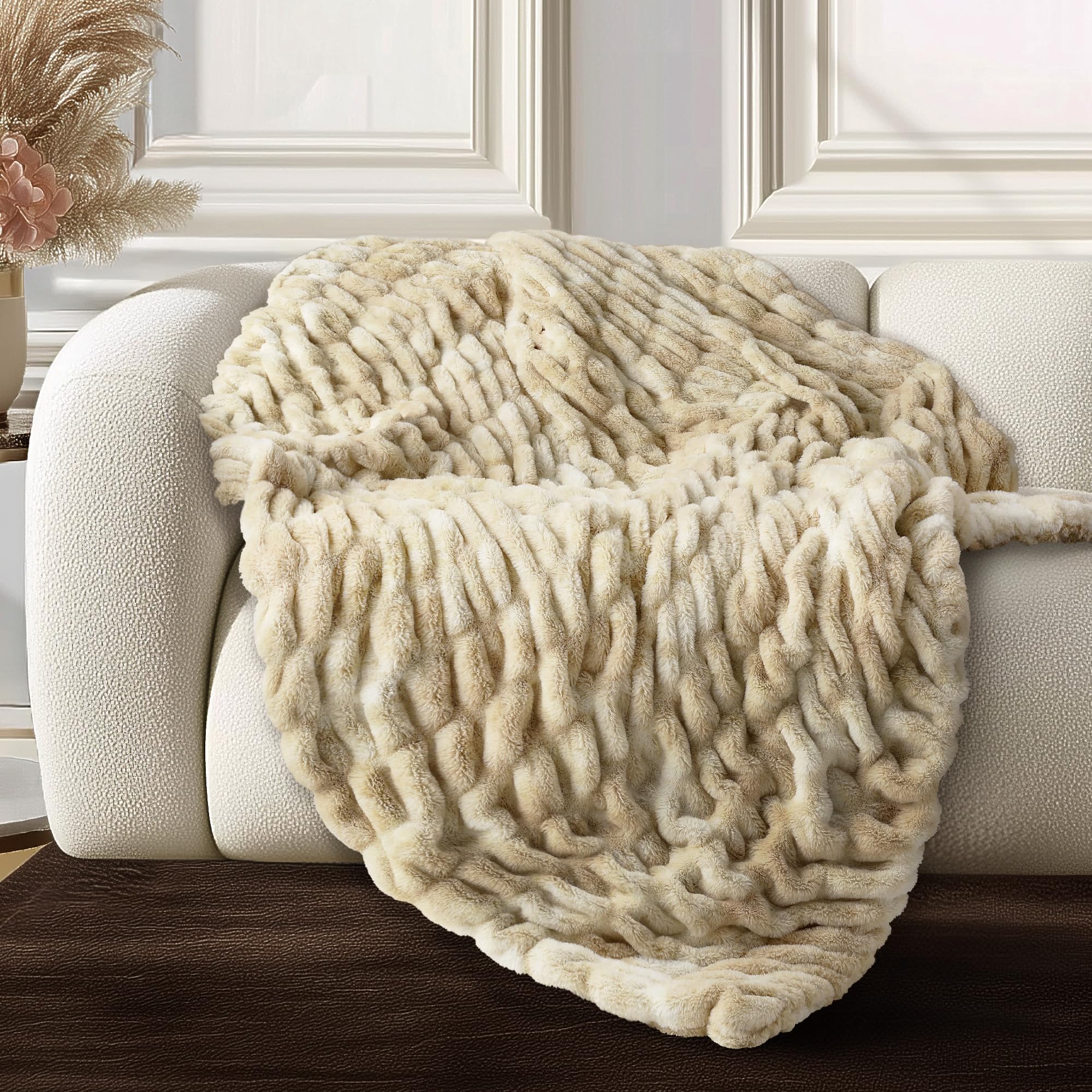 Ultra Soft Cozy Faux Fur Throw Blanket-Fuzzy Plush Thick Bubble Blanket, Fluffy Blanket for Couch, Sofa, Bedroom, and Living Room, 50x60 Inches, Dark Grey Taupe