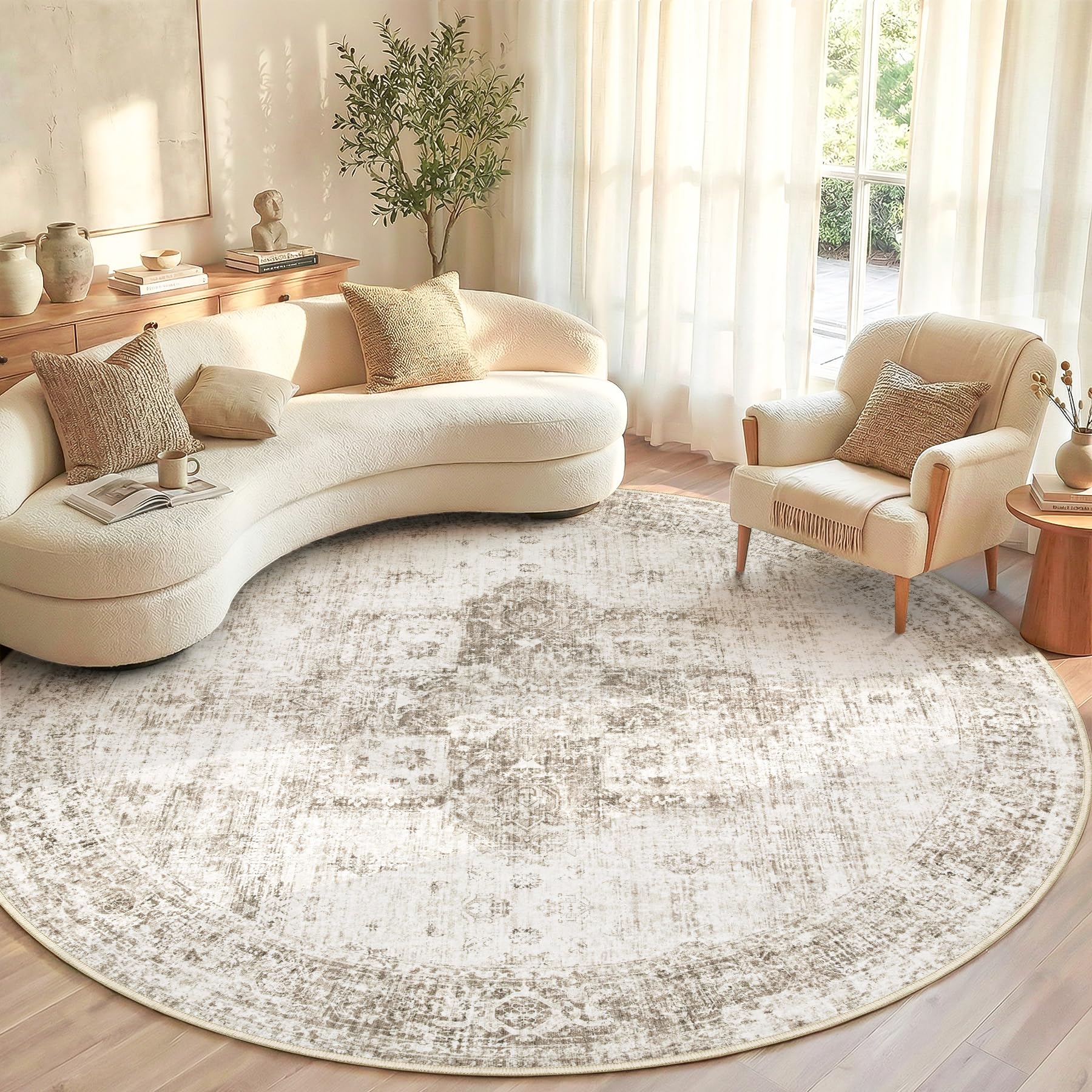 Beige 8x10ft Washable Boho Rug, Non-Slip Low Pile Carpet for Home & Office