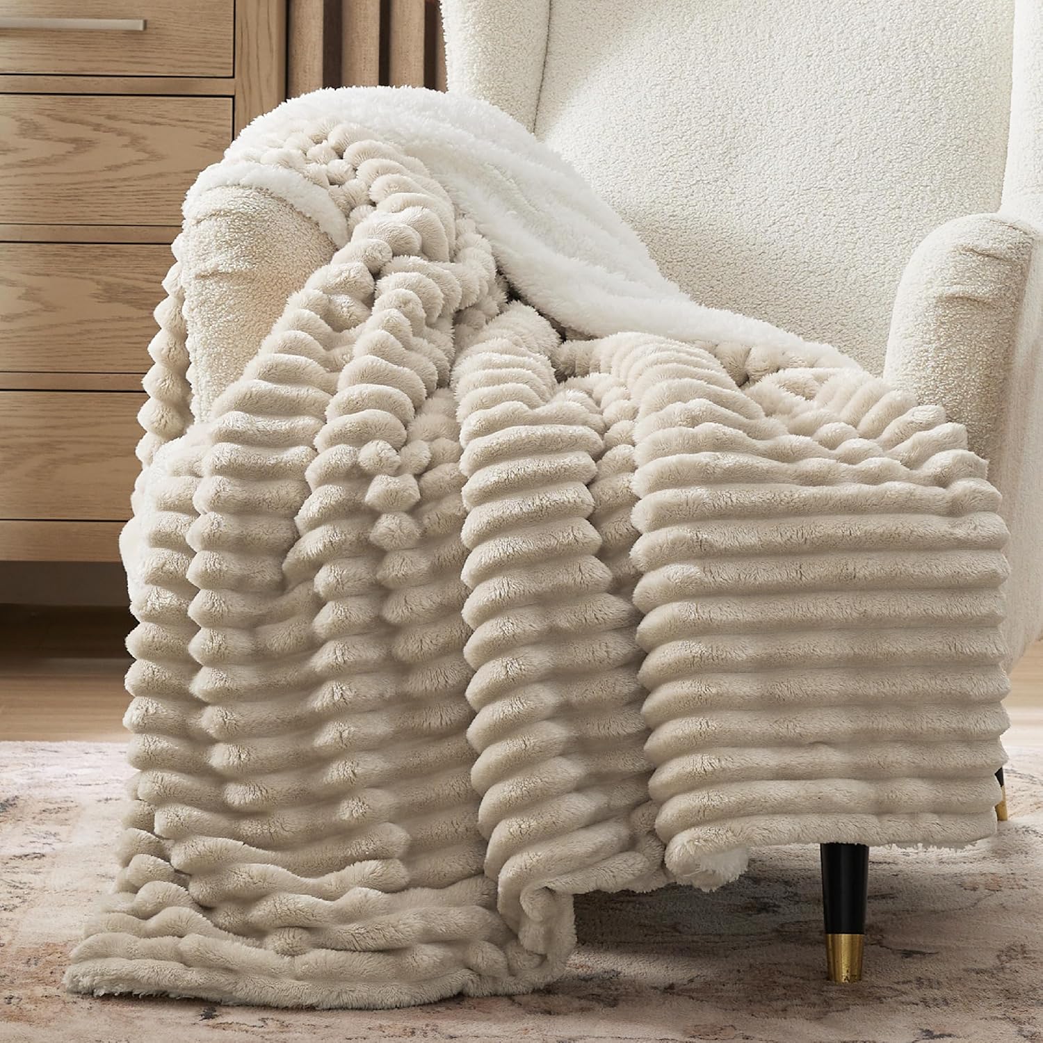 Beige Sherpa Fleece Blanket 50×60", Warm Fluffy Throw for Home Decor & Gift