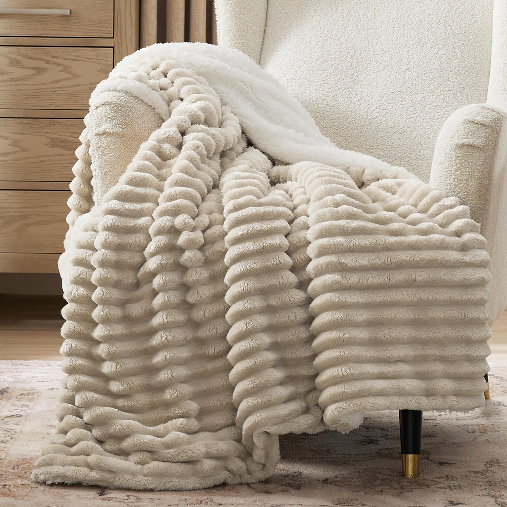 Beige Sherpa Fleece Blanket 50×60", Warm Fluffy Throw for Home Decor & Gift