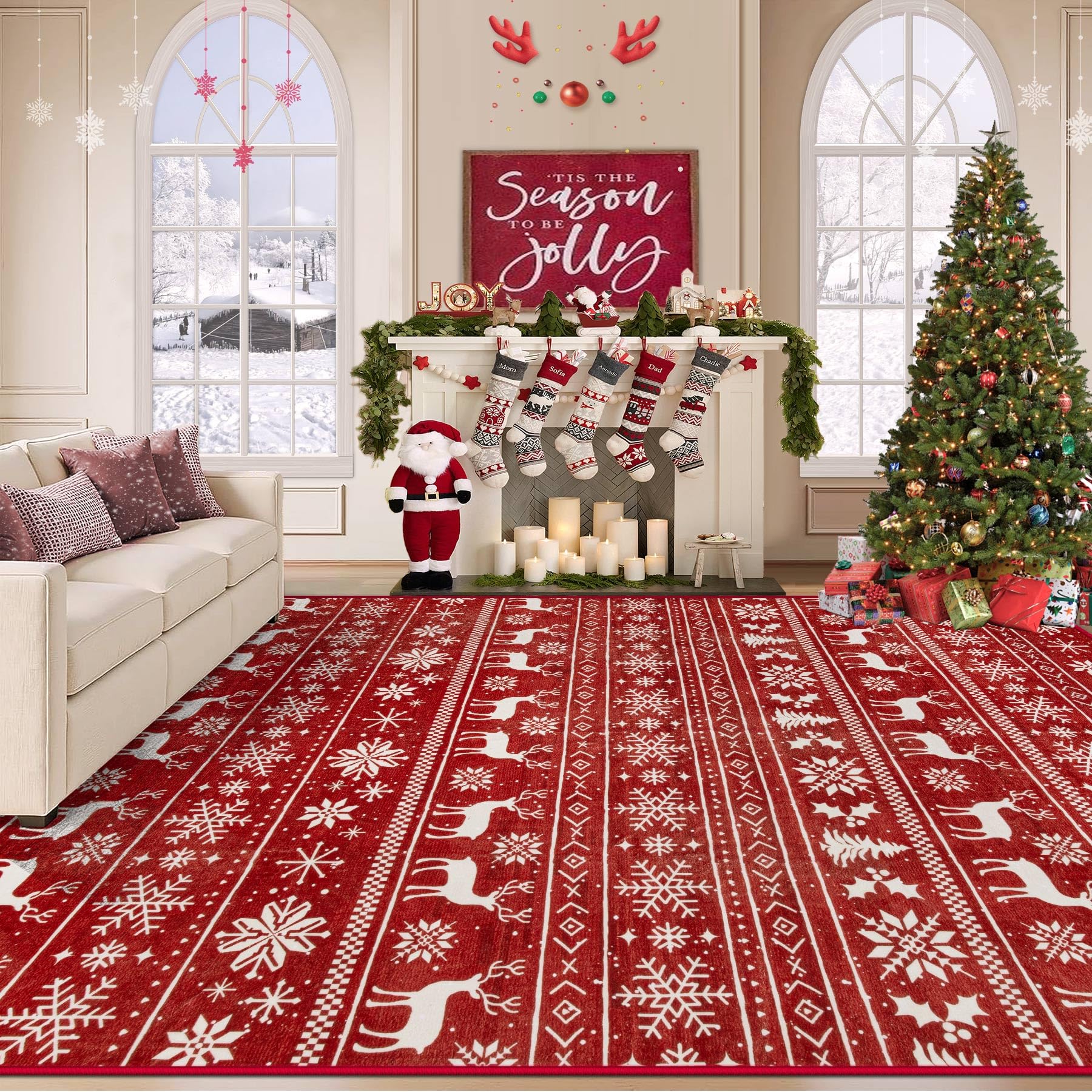 Beige 8x10ft Washable Boho Rug, Non-Slip Low Pile Carpet for Home & Office
