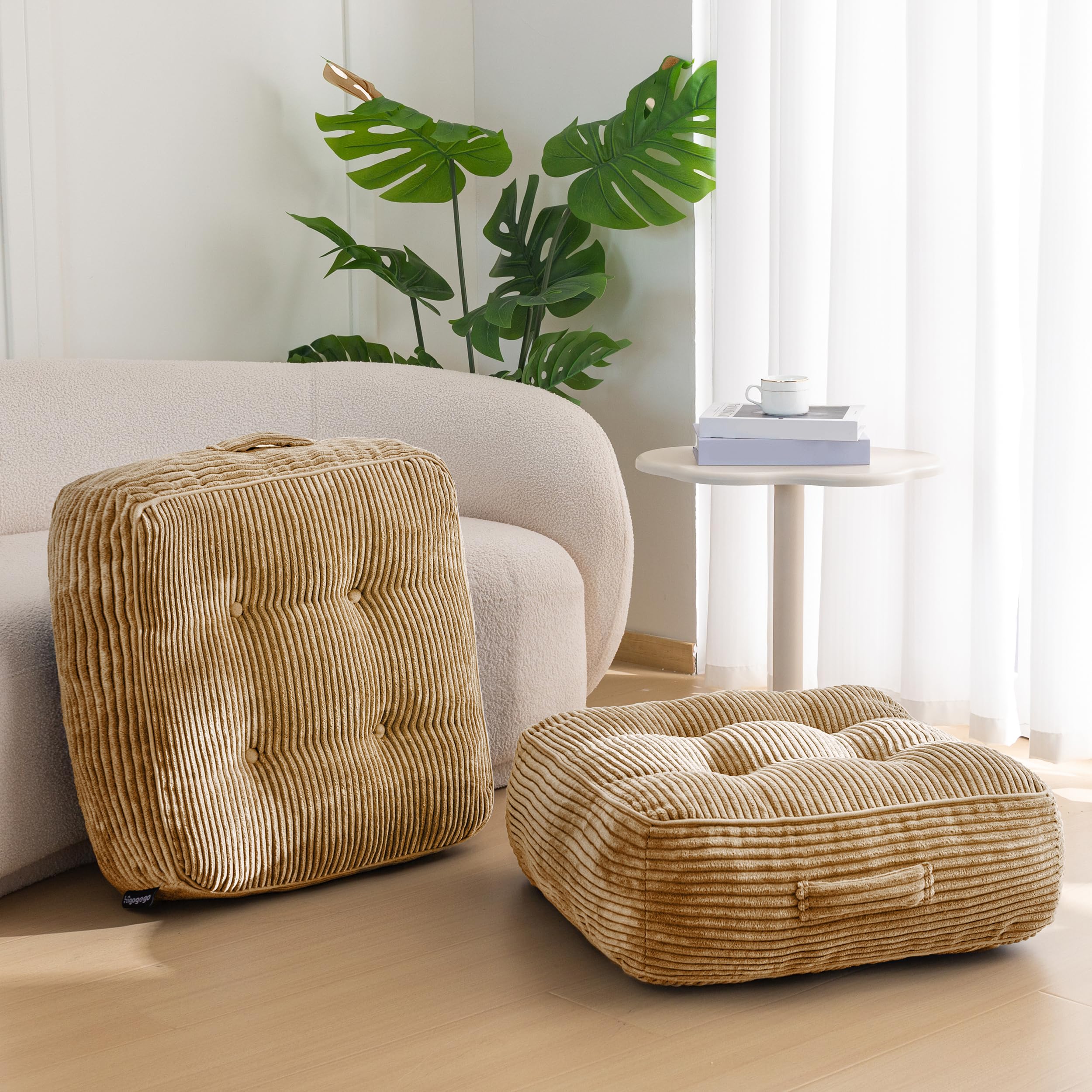 HIGOGOGO Floor Pillow Cushion for Adults, Meditation Cushion Pillow, Large Round Floor Sitting, Tufted Corduroy Cover, for Tatami Living Room or Yoga, 22x22 Inch, Beige