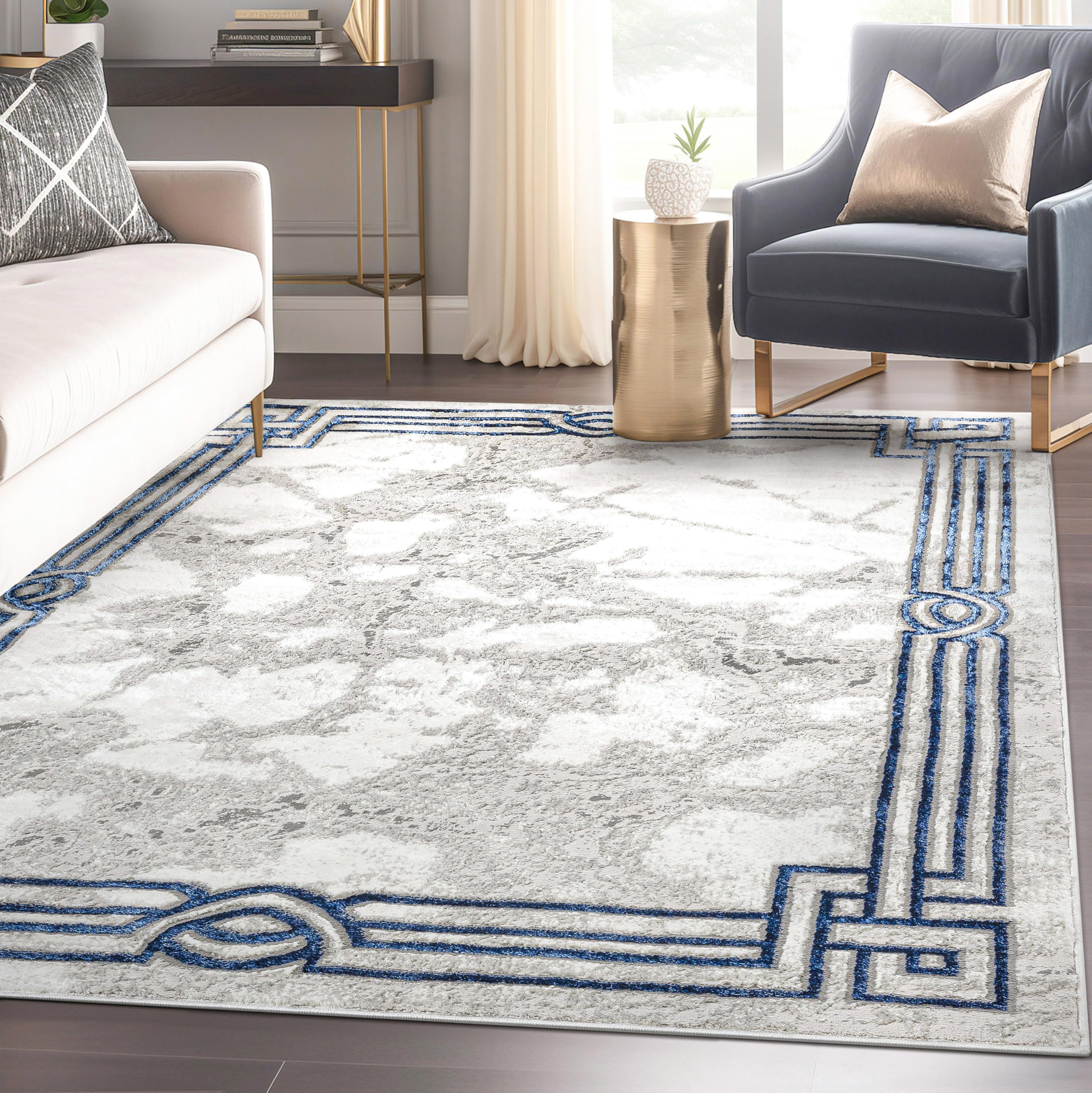 Well Woven Fairmont Collection Huntington Grey Gold & Ivory Marble Border Elegant & Soft 5x7 Area Rug Perfect for Bedroom & Living Room Durable Stain Resistant & Easy to Clean