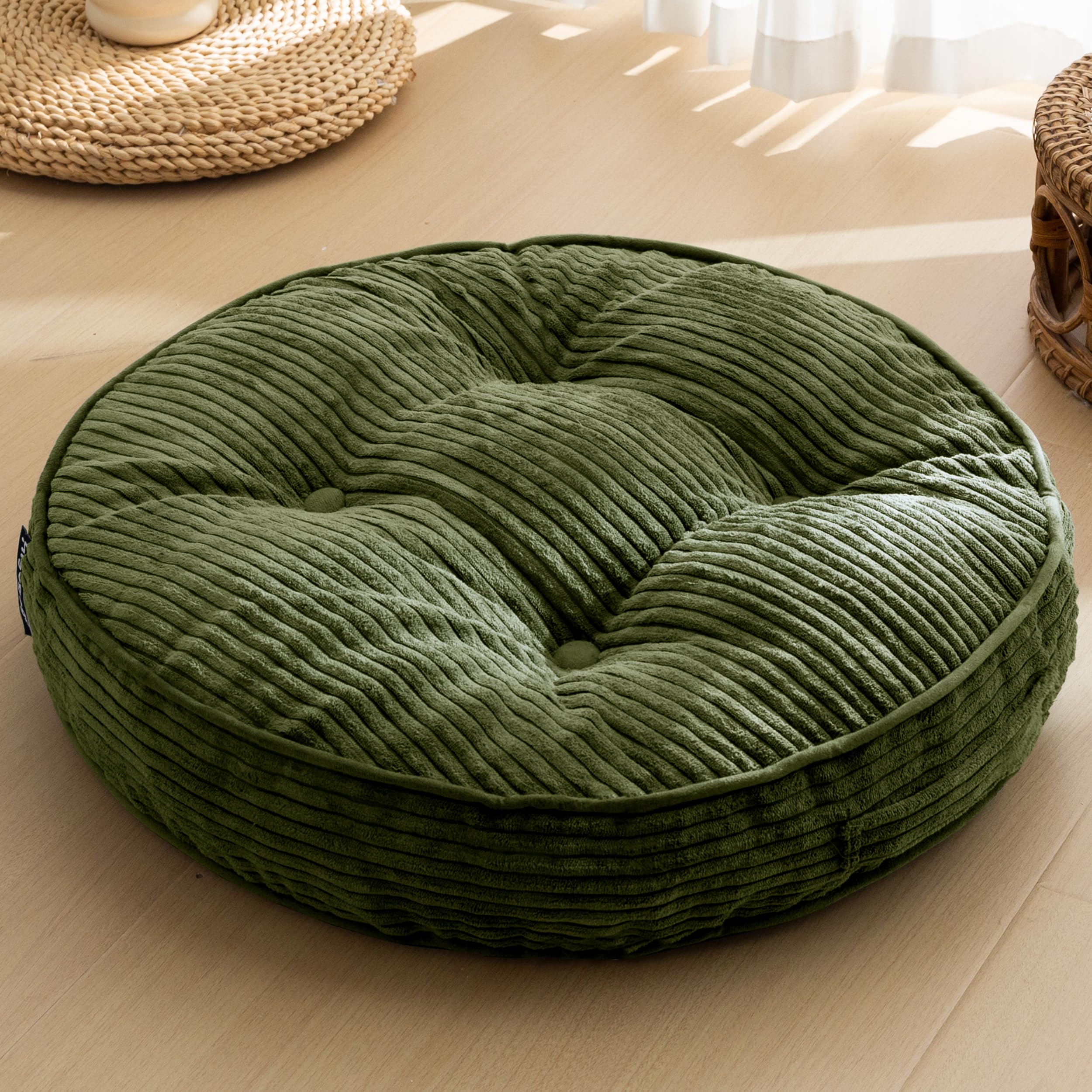 HIGOGOGO Floor Pillow Cushion for Adults, Meditation Cushion Pillow, Large Round Floor Sitting, Tufted Corduroy Cover, for Tatami Living Room or Yoga, 22x22 Inch, Beige
