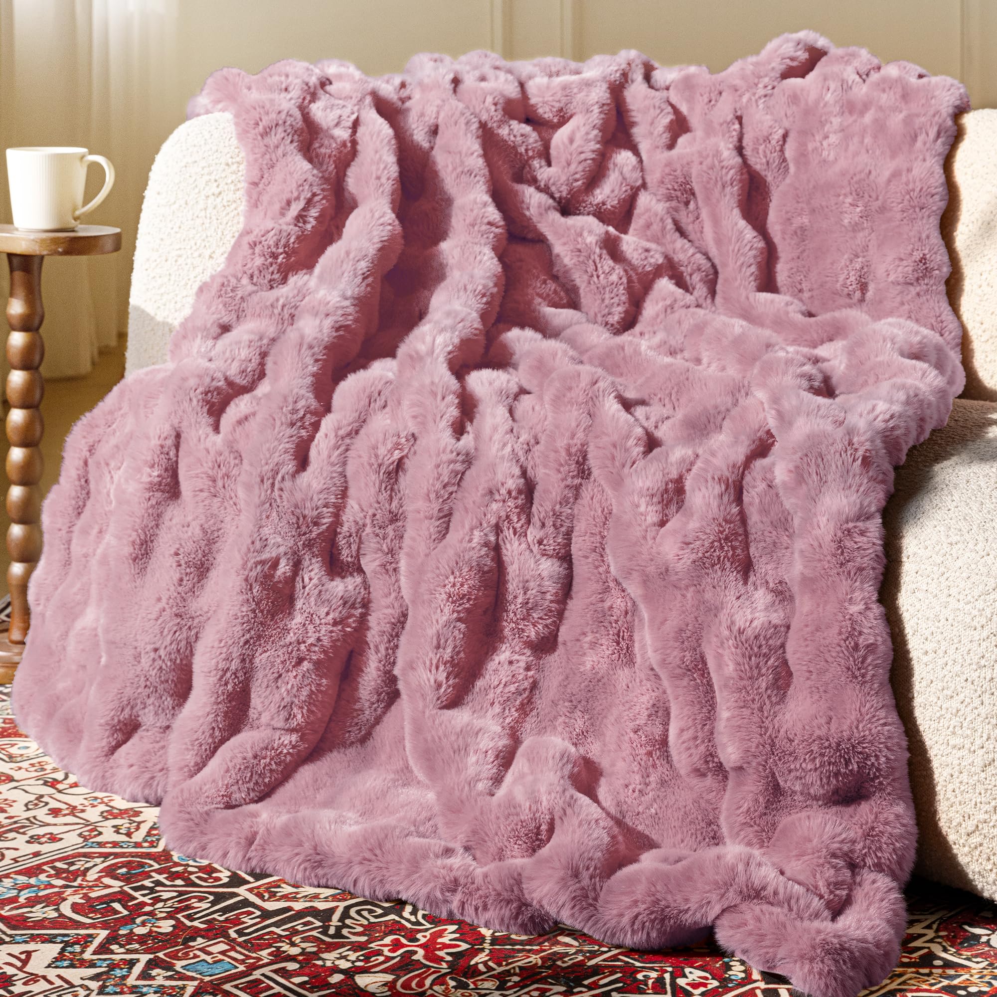 Ultra Soft Cozy Faux Fur Throw Blanket-Fuzzy Plush Thick Bubble Blanket, Fluffy Blanket for Couch, Sofa, Bedroom, and Living Room, 50x60 Inches, Dark Grey Taupe