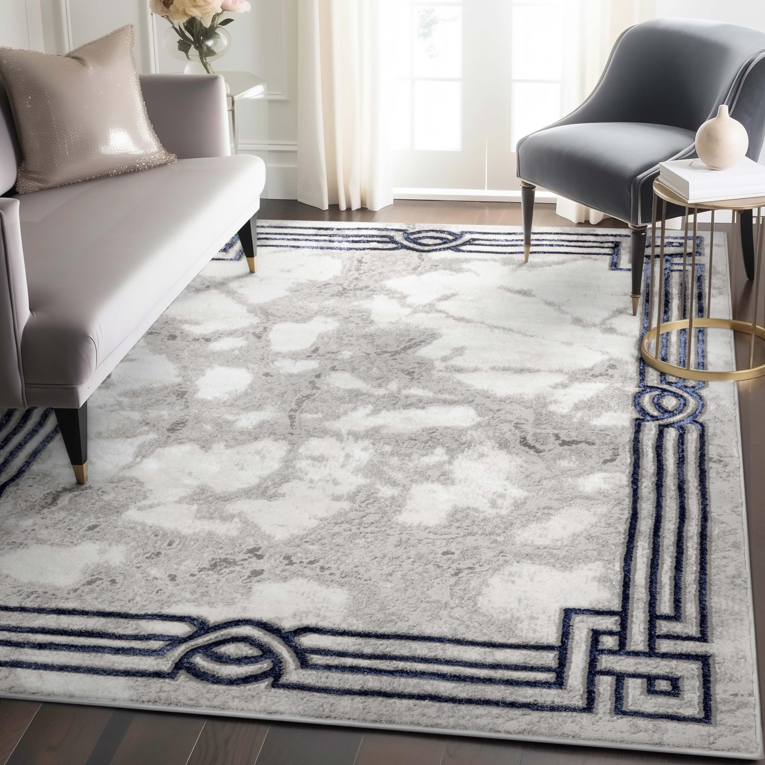 Well Woven Fairmont Collection Huntington Grey Gold & Ivory Marble Border Elegant & Soft 5x7 Area Rug Perfect for Bedroom & Living Room Durable Stain Resistant & Easy to Clean