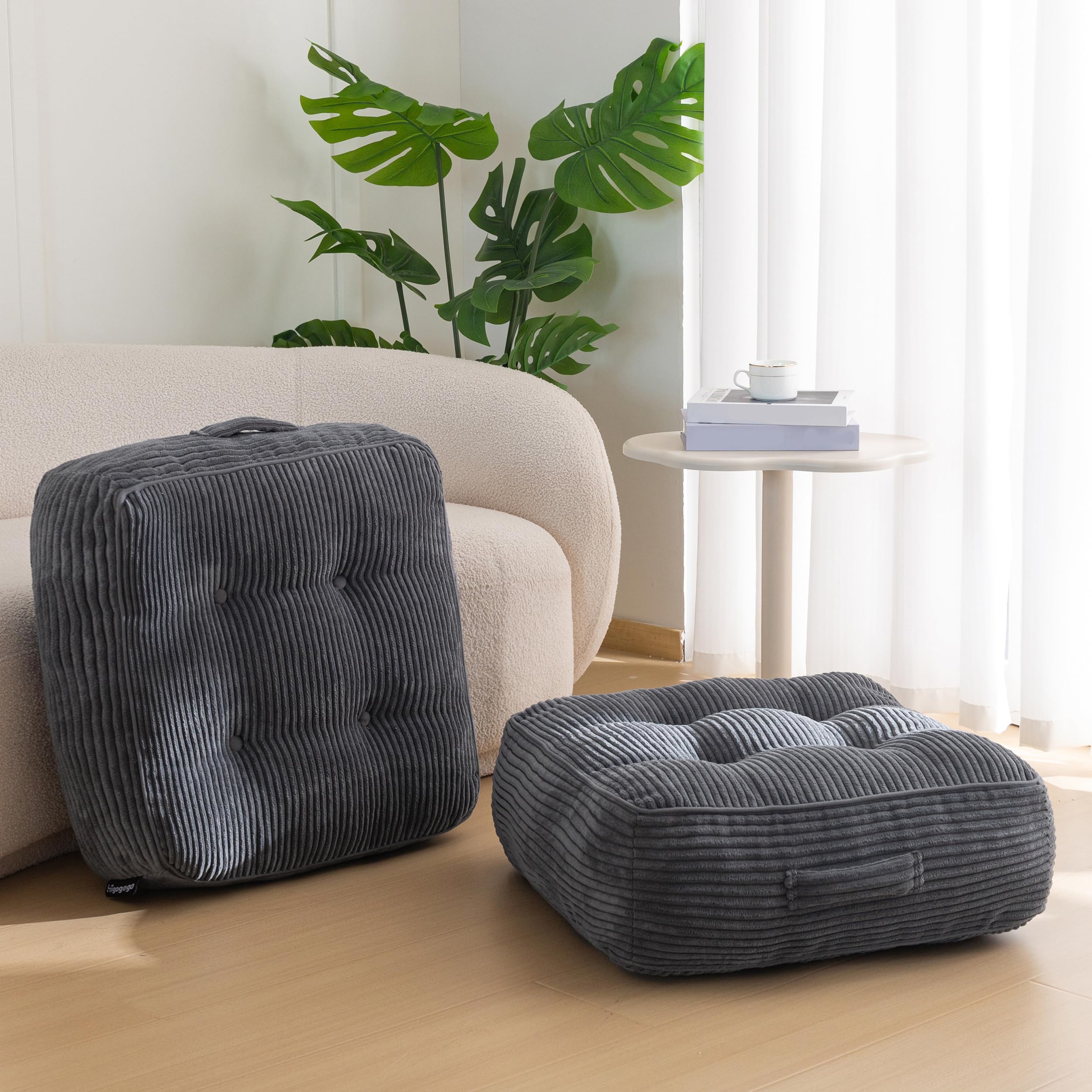 HIGOGOGO Floor Pillow Cushion for Adults, Meditation Cushion Pillow, Large Round Floor Sitting, Tufted Corduroy Cover, for Tatami Living Room or Yoga, 22x22 Inch, Beige