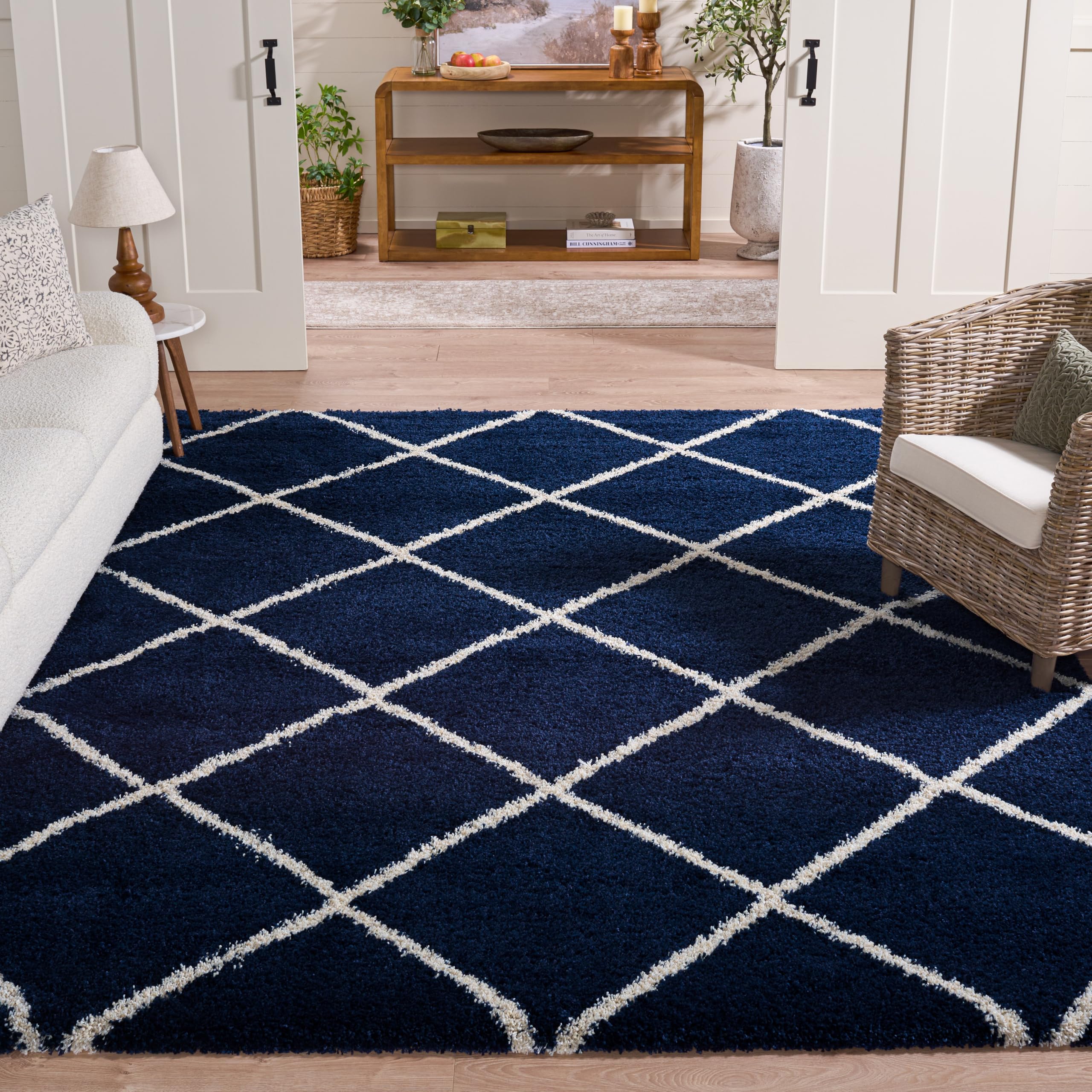SAFAVIEH Hudson Shag Collection Area Rug - 5'3" x 7'6", Beige & Ivory, Modern Trellis Design, Non-Shedding & Easy Care, 2-inch Thick Ideal for High Traffic Areas in Living Room, Bedroom (SGH281S)