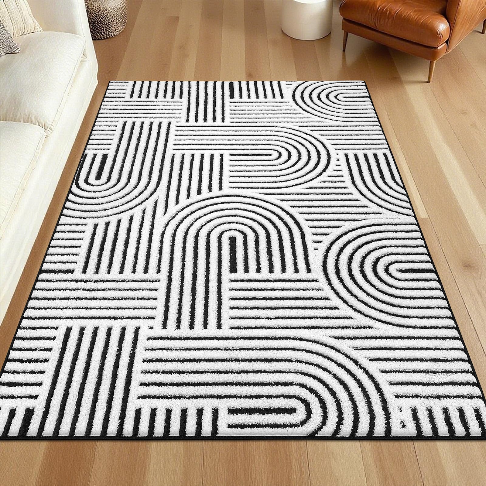 SHACOS Soft Cozy Fluffy Arch Pattern High-Low Pile Textured Area Rug 5'3"x7'3" Non Slip Washable Modern Geometric Rug Stain Resistant Contemporary Carpet for Living Room Bedroom Dining Room, Beige