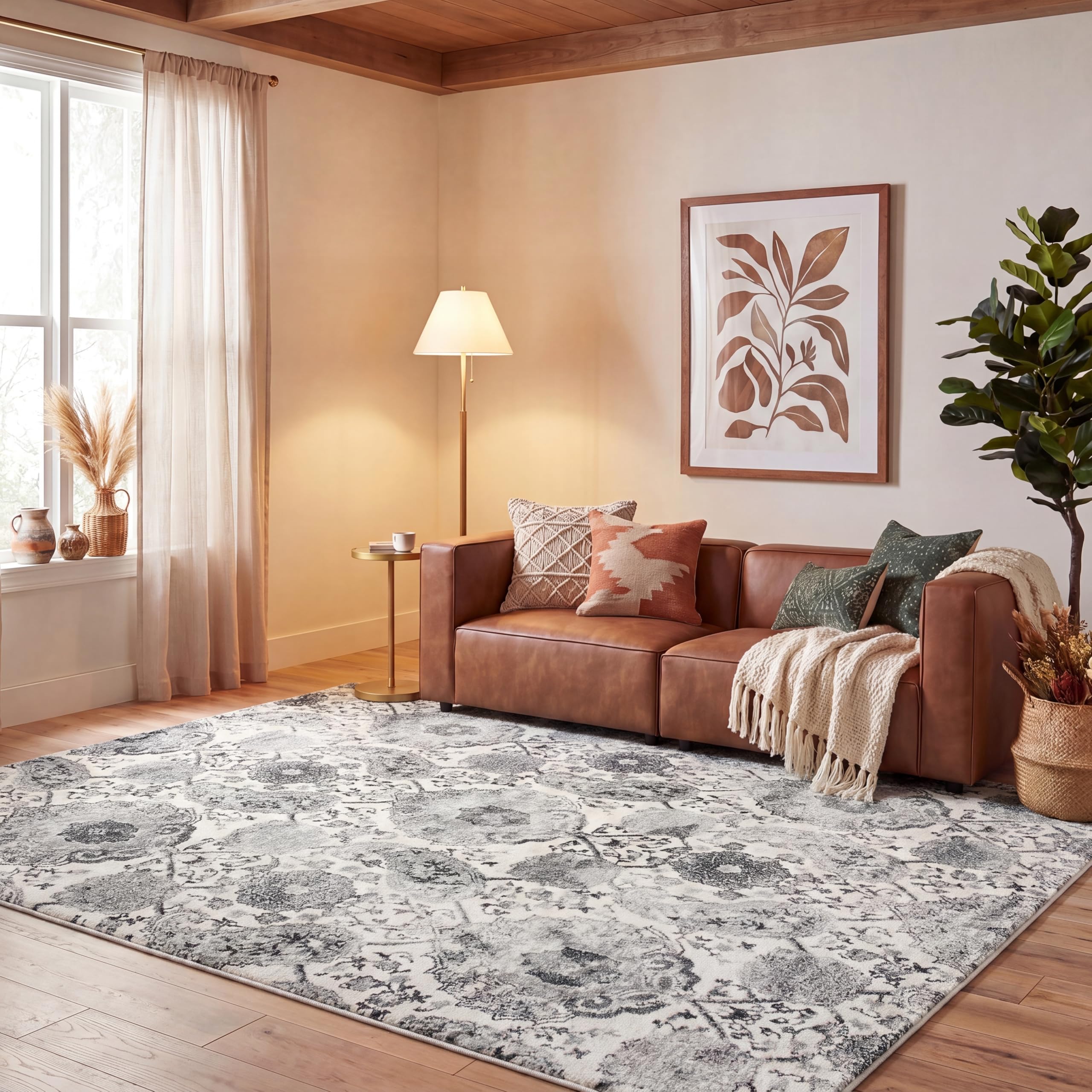 SAFAVIEH Madison Collection Area Rug - 5'3" x 7'6", Cream & Light Grey, Boho Chic Glam Paisley Design, Non-Shedding & Easy Care, Ideal for High Traffic Areas in Living Room, Bedroom (MAD600C)