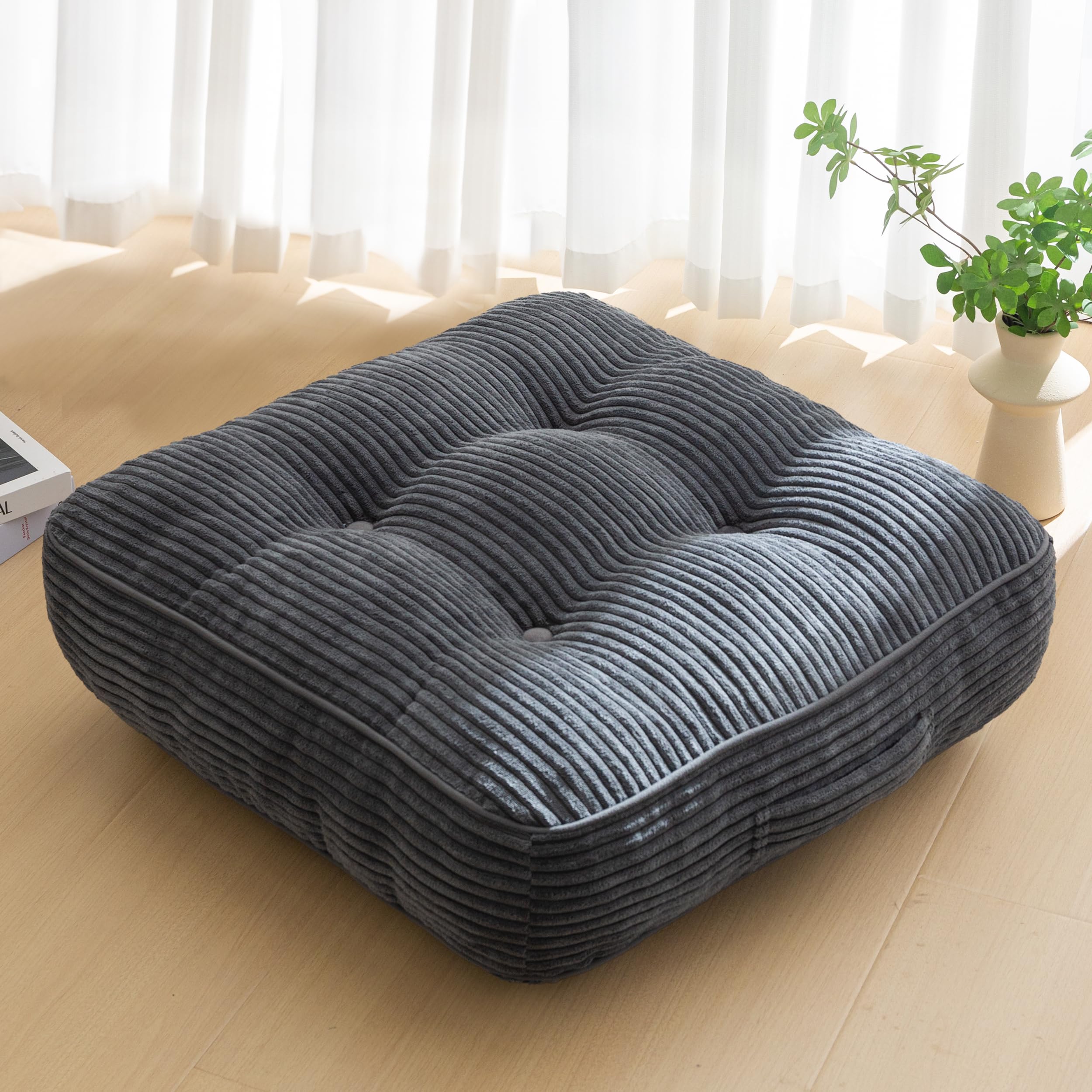HIGOGOGO Floor Pillow Cushion for Adults, Meditation Cushion Pillow, Large Round Floor Sitting, Tufted Corduroy Cover, for Tatami Living Room or Yoga, 22x22 Inch, Beige