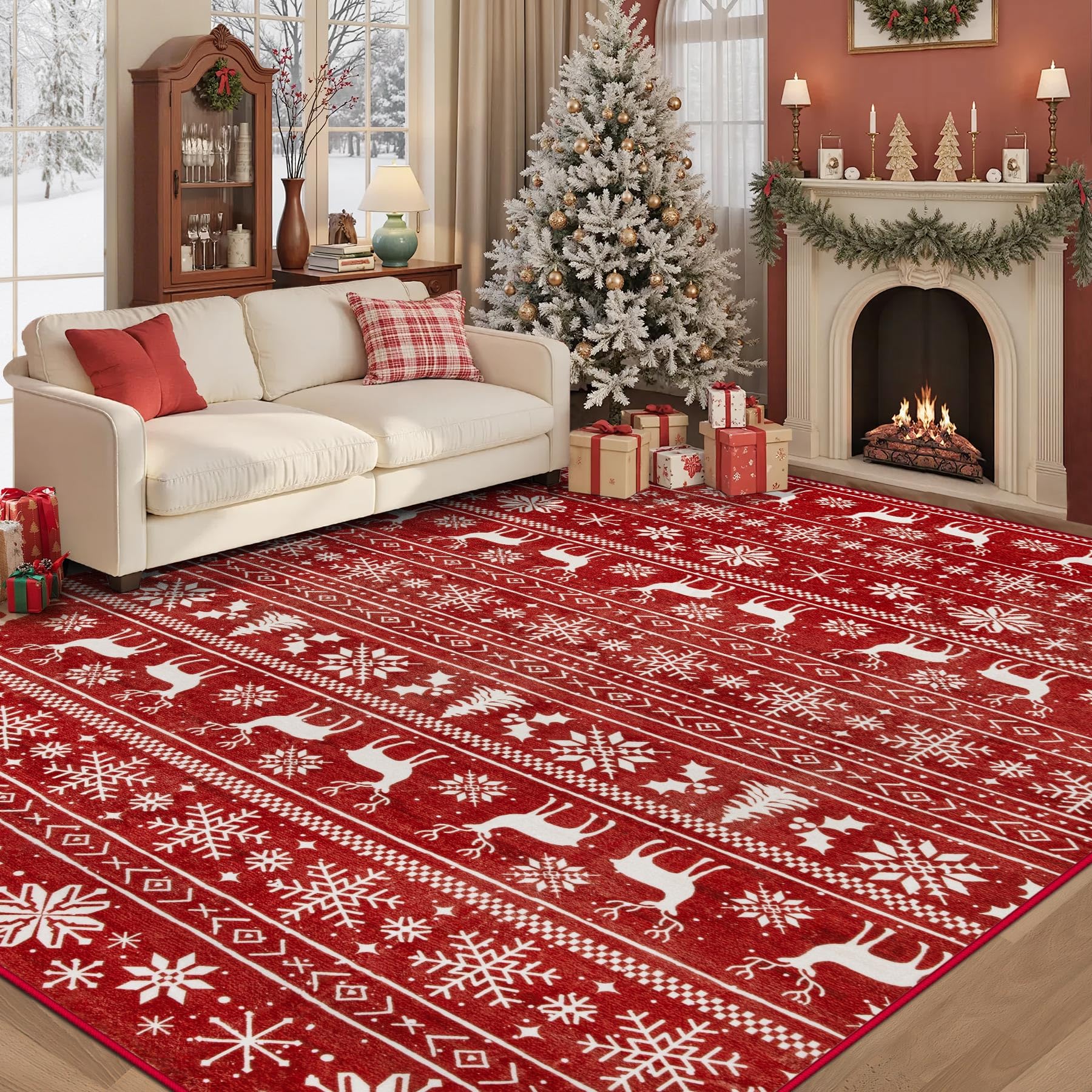 Beige 8x10ft Washable Boho Rug, Non-Slip Low Pile Carpet for Home & Office