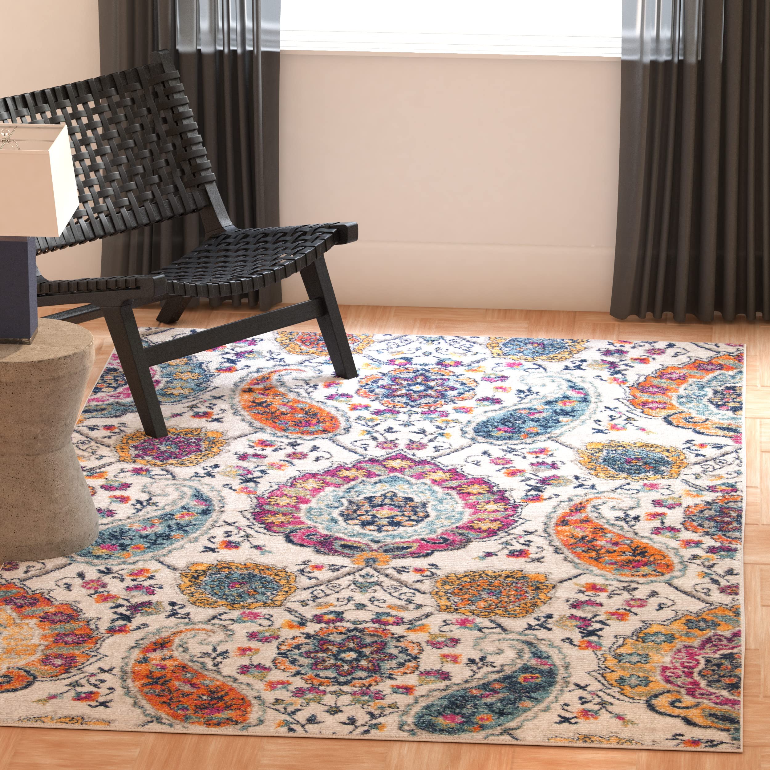 SAFAVIEH Madison Collection Area Rug - 5'3" x 7'6", Cream & Light Grey, Boho Chic Glam Paisley Design, Non-Shedding & Easy Care, Ideal for High Traffic Areas in Living Room, Bedroom (MAD600C)