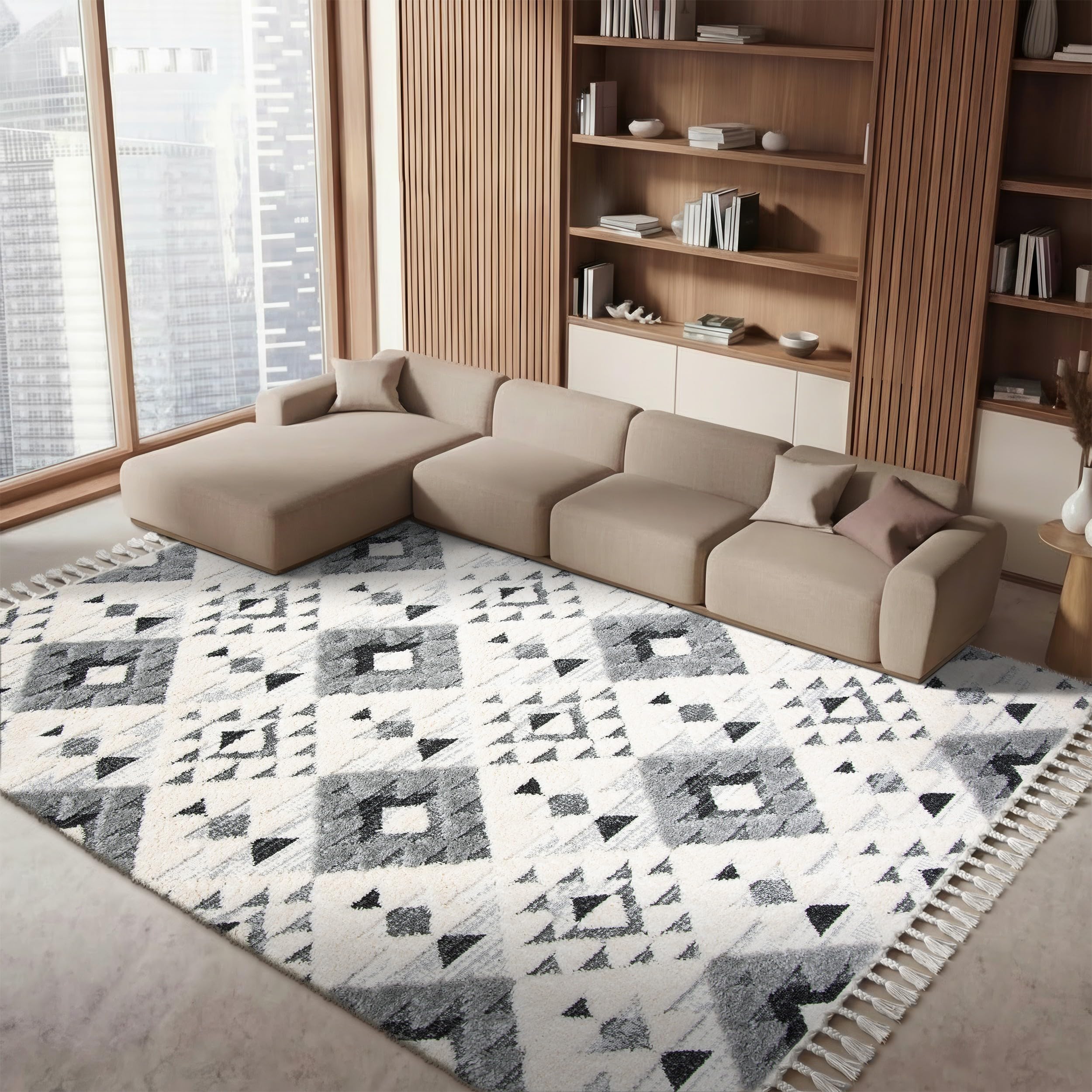 SAFAVIEH Moroccan Tassel Shag Collection Area Rug - 5'3" x 7'6", Ivory, Non-Shedding & Easy to Clean, Plush High-Low Texture, Ideal for Living Room, Bedroom, Dining Space (MTS688C)