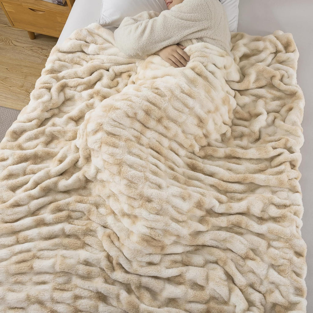 WDCOZY Ruched Faux Fur Throw Blanket Soft Cozy Fluffy Luxurious Blankets Couch Bed Sofa Chair Home Decor Warm Furry Fall Winter Plush Rabbit Fur Bubble Blanket 50" x 60", Caramel Beige Camel Neutral