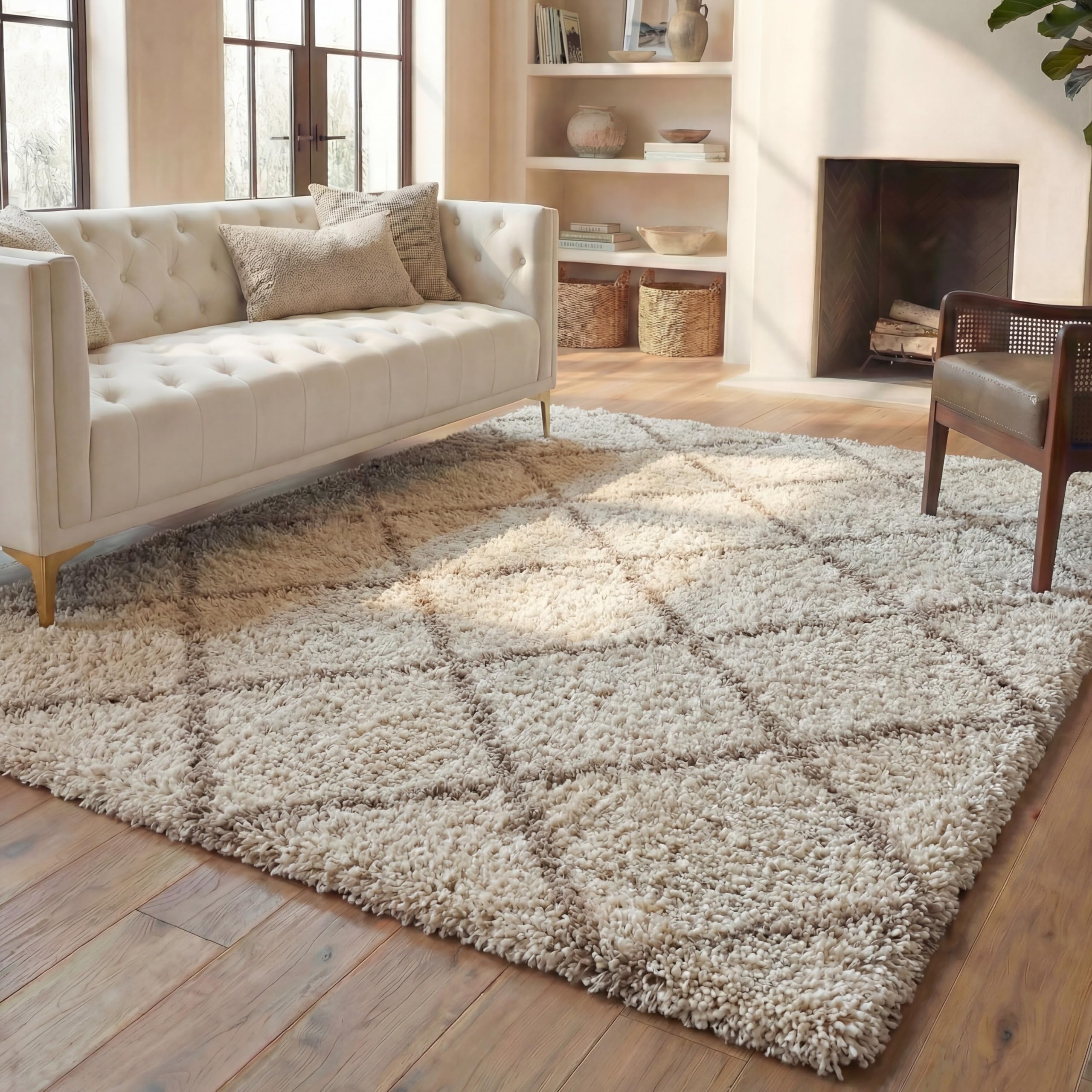 SAFAVIEH Hudson Shag Collection Area Rug - 5'3" x 7'6", Beige & Ivory, Modern Trellis Design, Non-Shedding & Easy Care, 2-inch Thick Ideal for High Traffic Areas in Living Room, Bedroom (SGH281S)