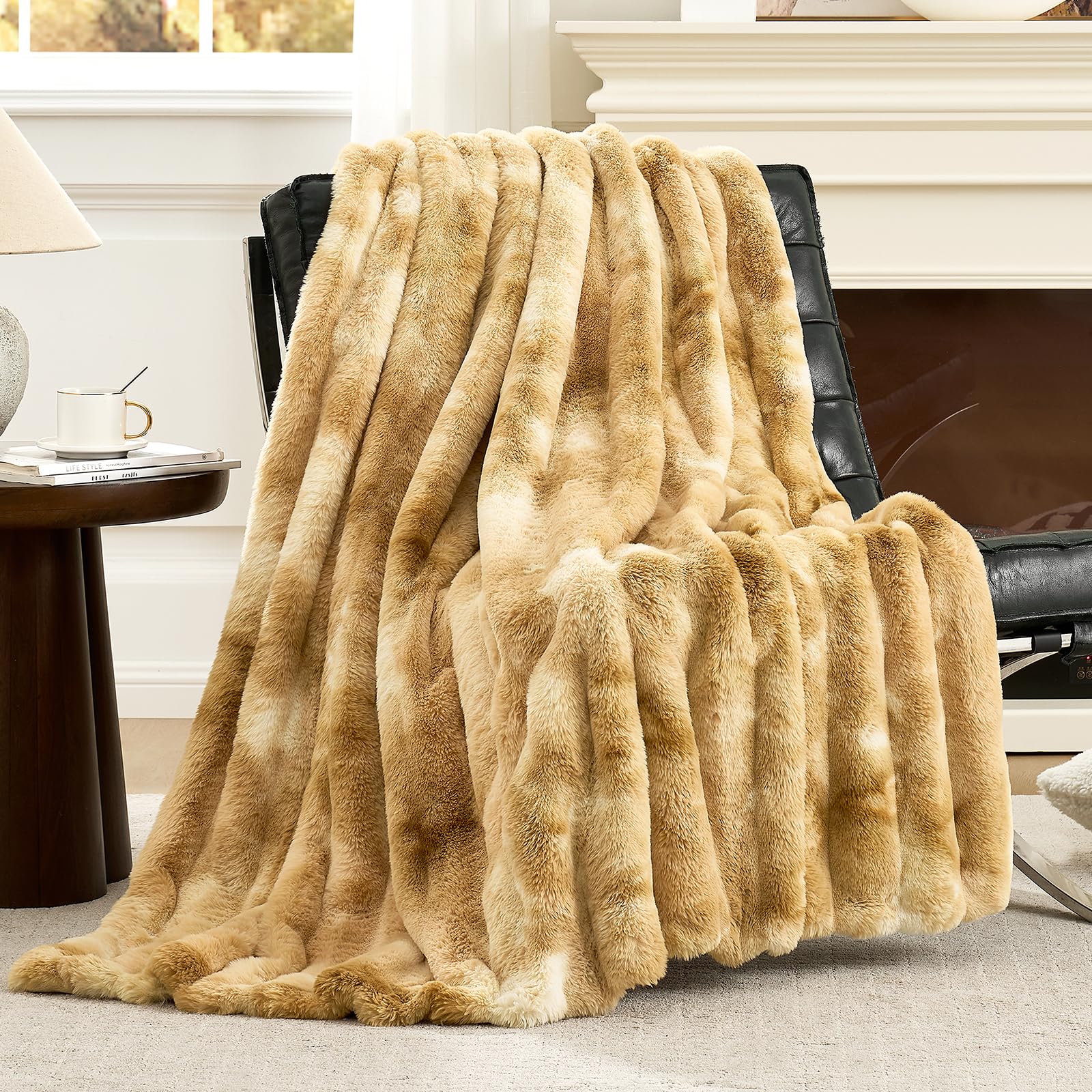 Cozy Bliss Deluxe Sheared Rabbit Faux Fur Throw Blanket, Soft Fuzzy High-Low Sculpted Plush Blanket for Couch, Cozy Home Accent, All Season Use, Beige 50"x60"