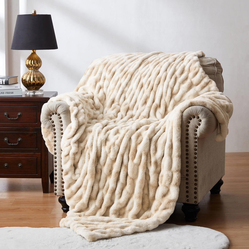 WDCOZY Ruched Faux Fur Throw Blanket Soft Cozy Fluffy Luxurious Blankets Couch Bed Sofa Chair Home Decor Warm Furry Fall Winter Plush Rabbit Fur Bubble Blanket 50" x 60", Caramel Beige Camel Neutral