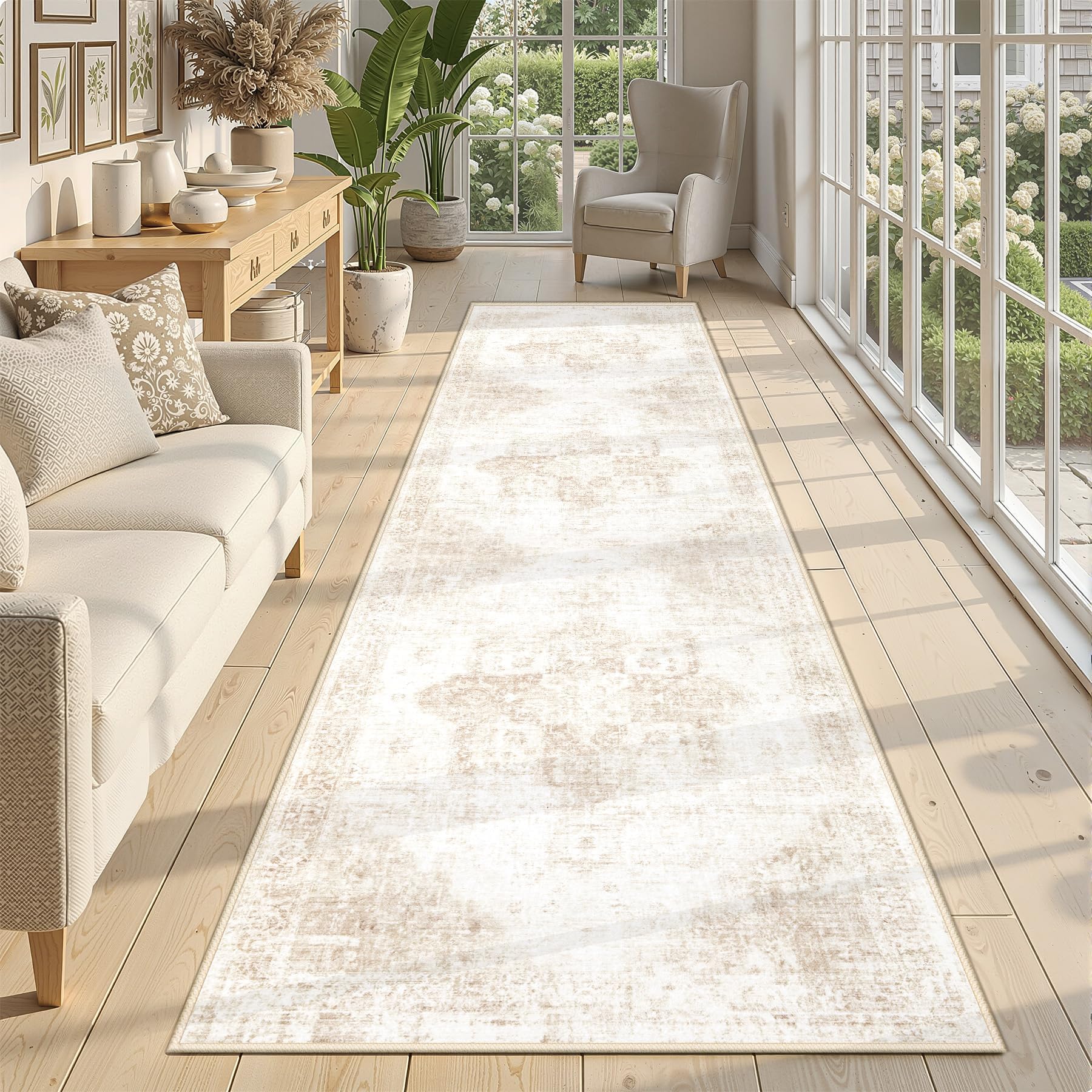 Beige 8x10ft Washable Boho Rug, Non-Slip Low Pile Carpet for Home & Office
