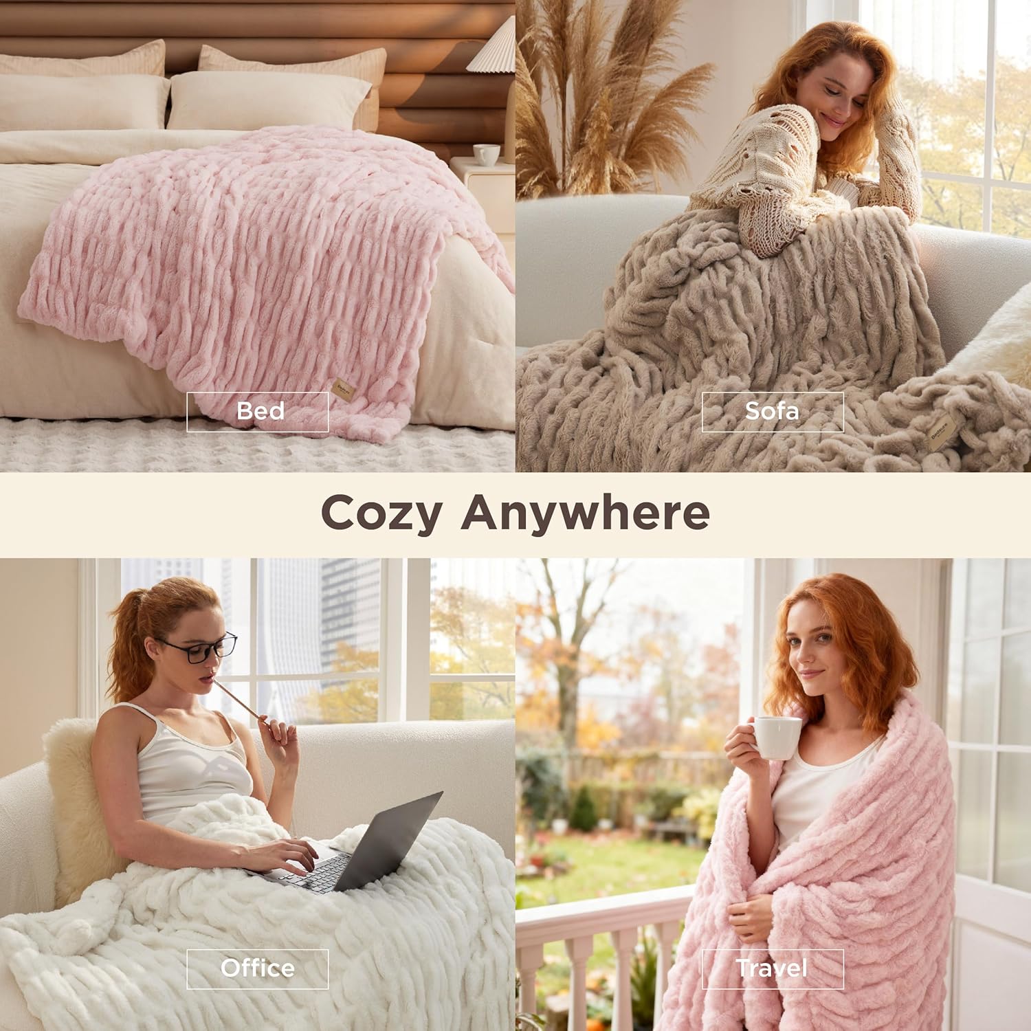 Bedsure Gentlesoft Fluffy Cozy Faux Fur Throw Blanket for Couch, Soft Fuzzy Plush Furry Blanket, Double-Sided Faux Rabbit Fur Thick Warm Chair Throws, Luxury Gifts for Women, 50" X 60", Light Brown