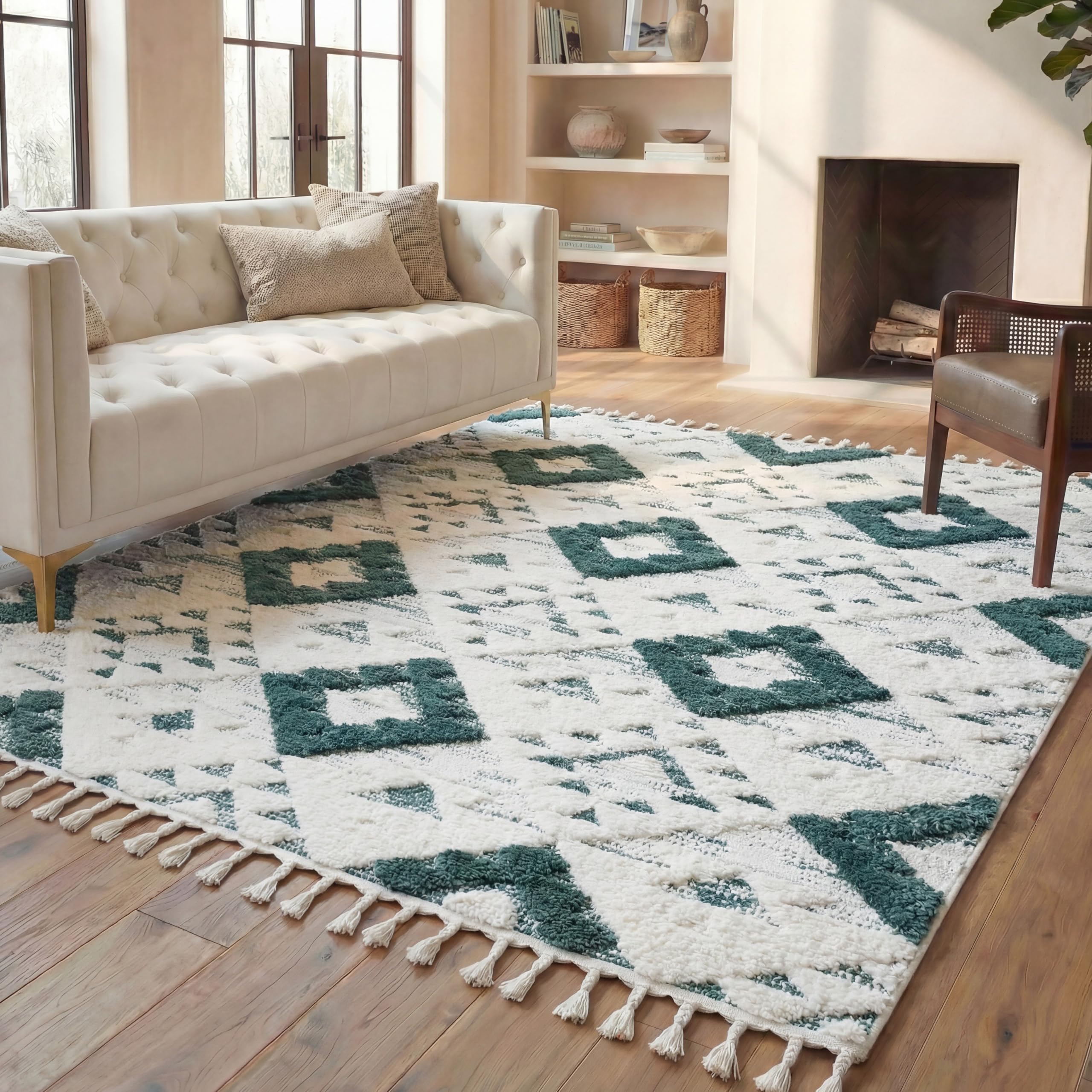 SAFAVIEH Moroccan Tassel Shag Collection Area Rug - 5'3" x 7'6", Ivory, Non-Shedding & Easy to Clean, Plush High-Low Texture, Ideal for Living Room, Bedroom, Dining Space (MTS688C)