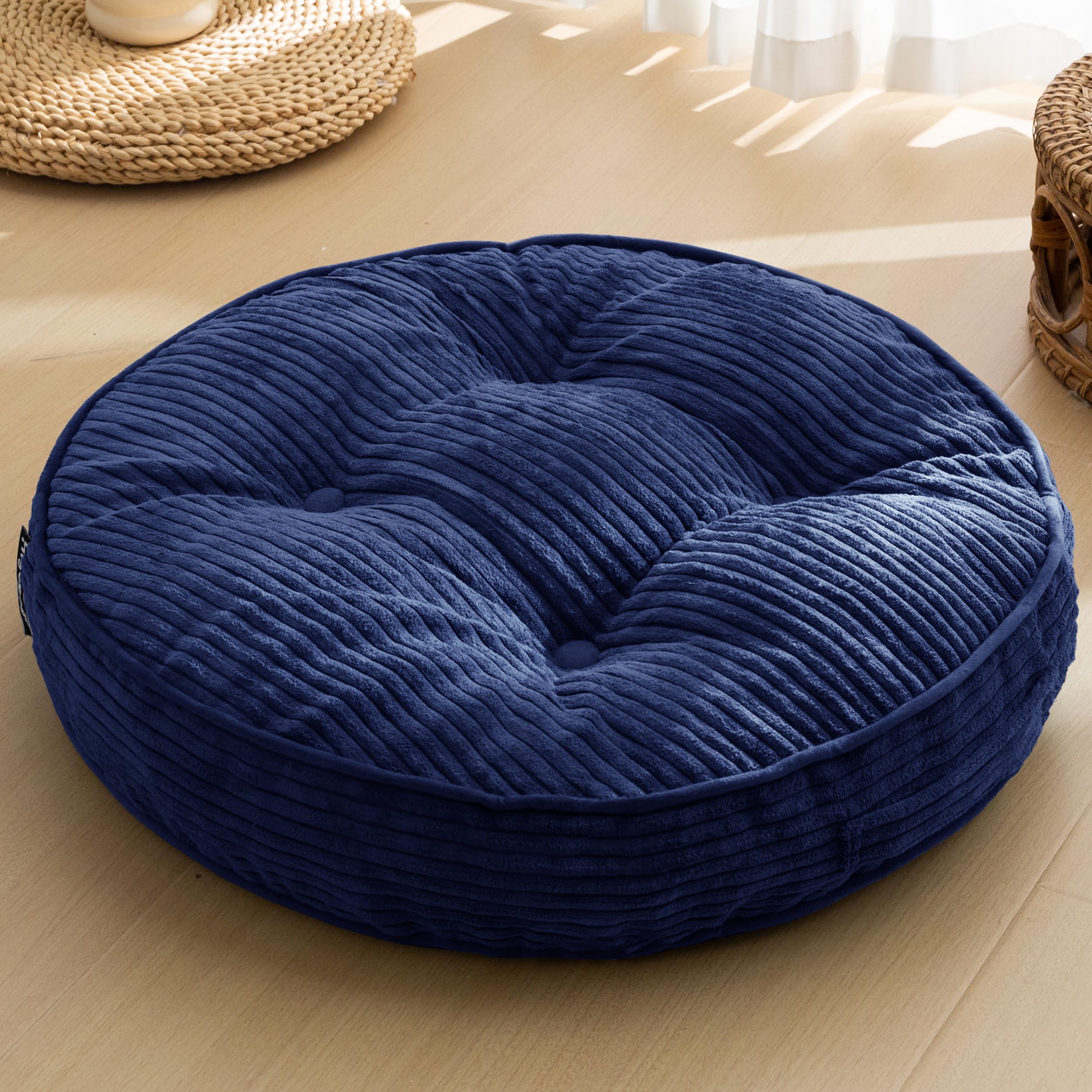 HIGOGOGO Floor Pillow Cushion for Adults, Meditation Cushion Pillow, Large Round Floor Sitting, Tufted Corduroy Cover, for Tatami Living Room or Yoga, 22x22 Inch, Beige