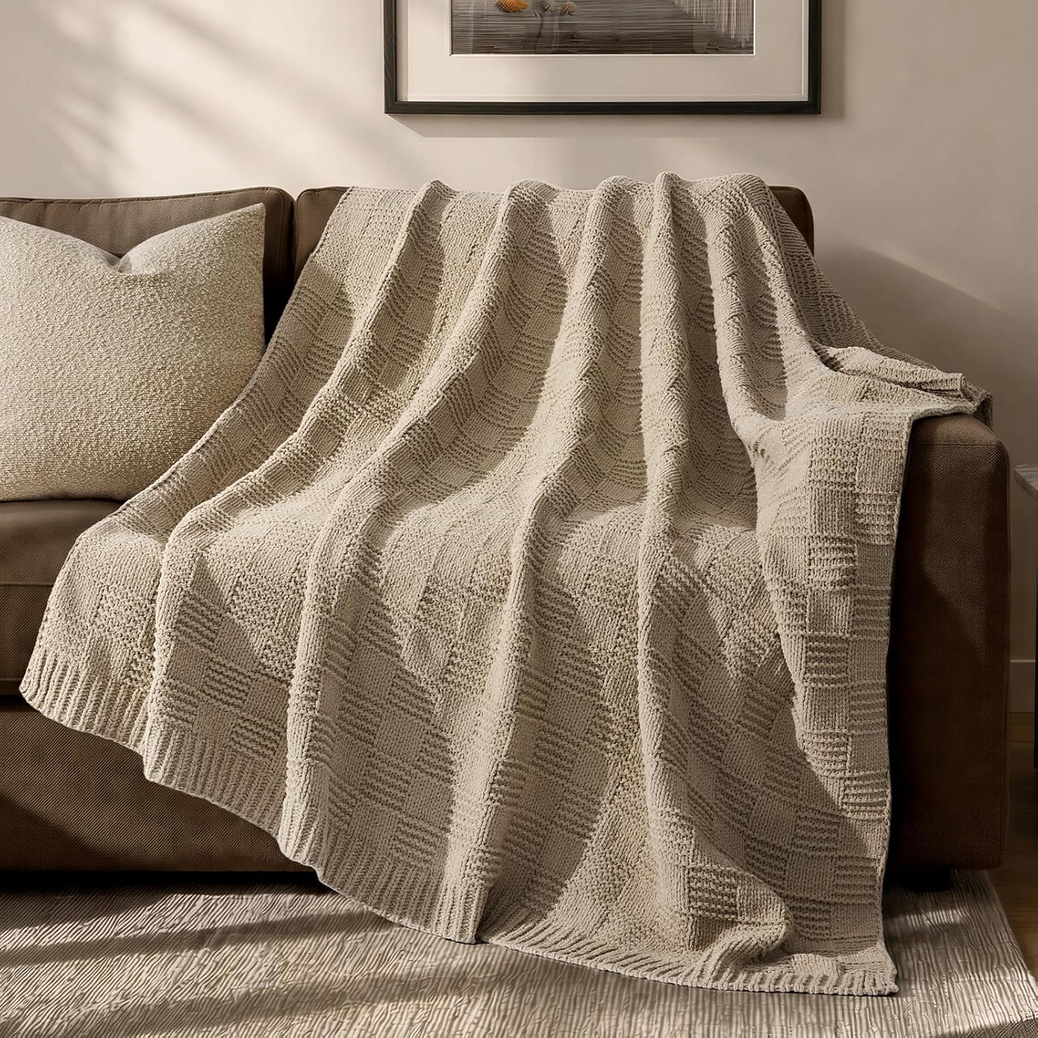 EVERGRACEHOME Modern Checkered Chenille Throw Blanket, Soft Cozy Plaid Knitted Chair Blanket for Sofa Couch, Decorative Knit Throw for Bed and Living Room, Sand Dune, 50" x 60"