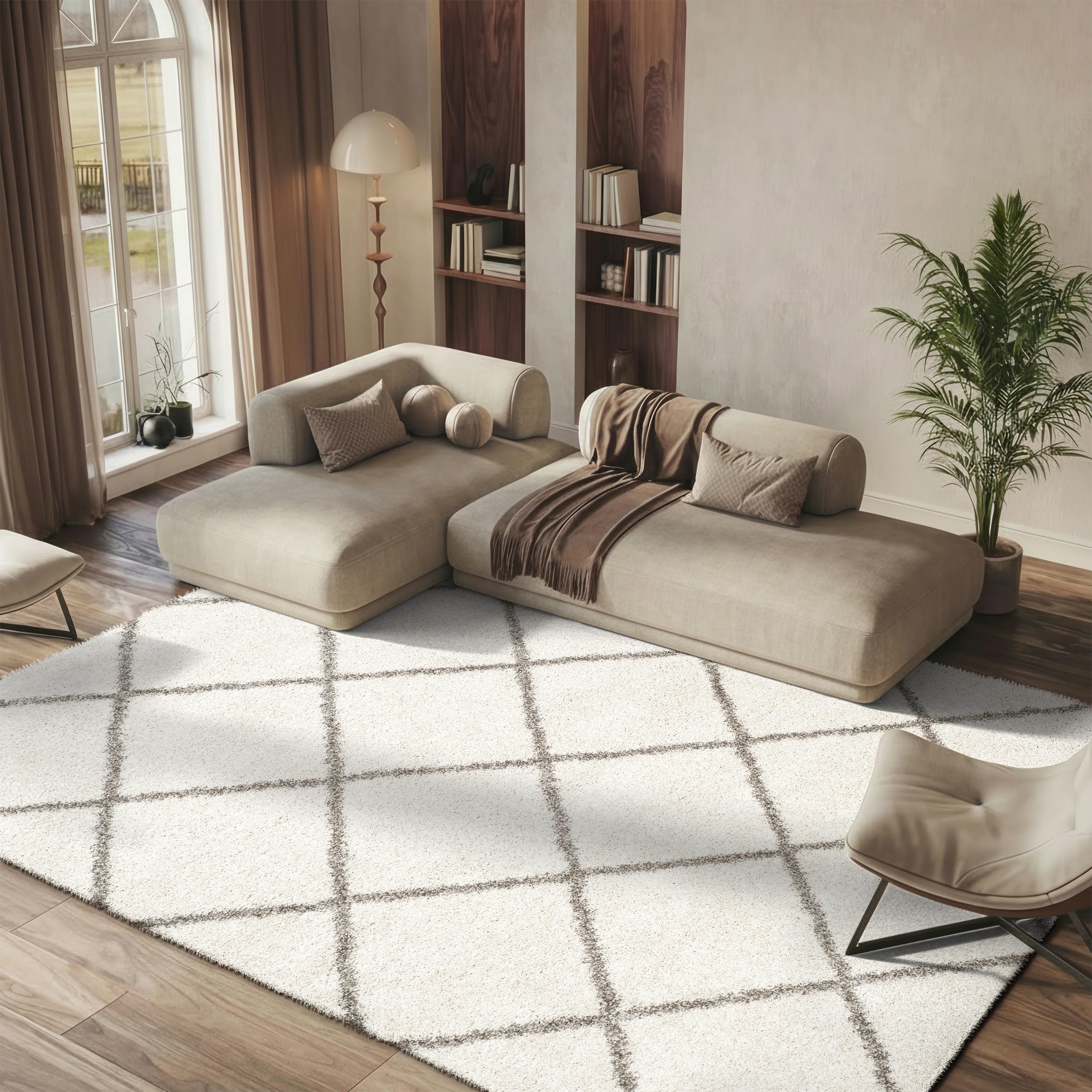 SAFAVIEH Hudson Shag Collection Area Rug - 5'3" x 7'6", Beige & Ivory, Modern Trellis Design, Non-Shedding & Easy Care, 2-inch Thick Ideal for High Traffic Areas in Living Room, Bedroom (SGH281S)