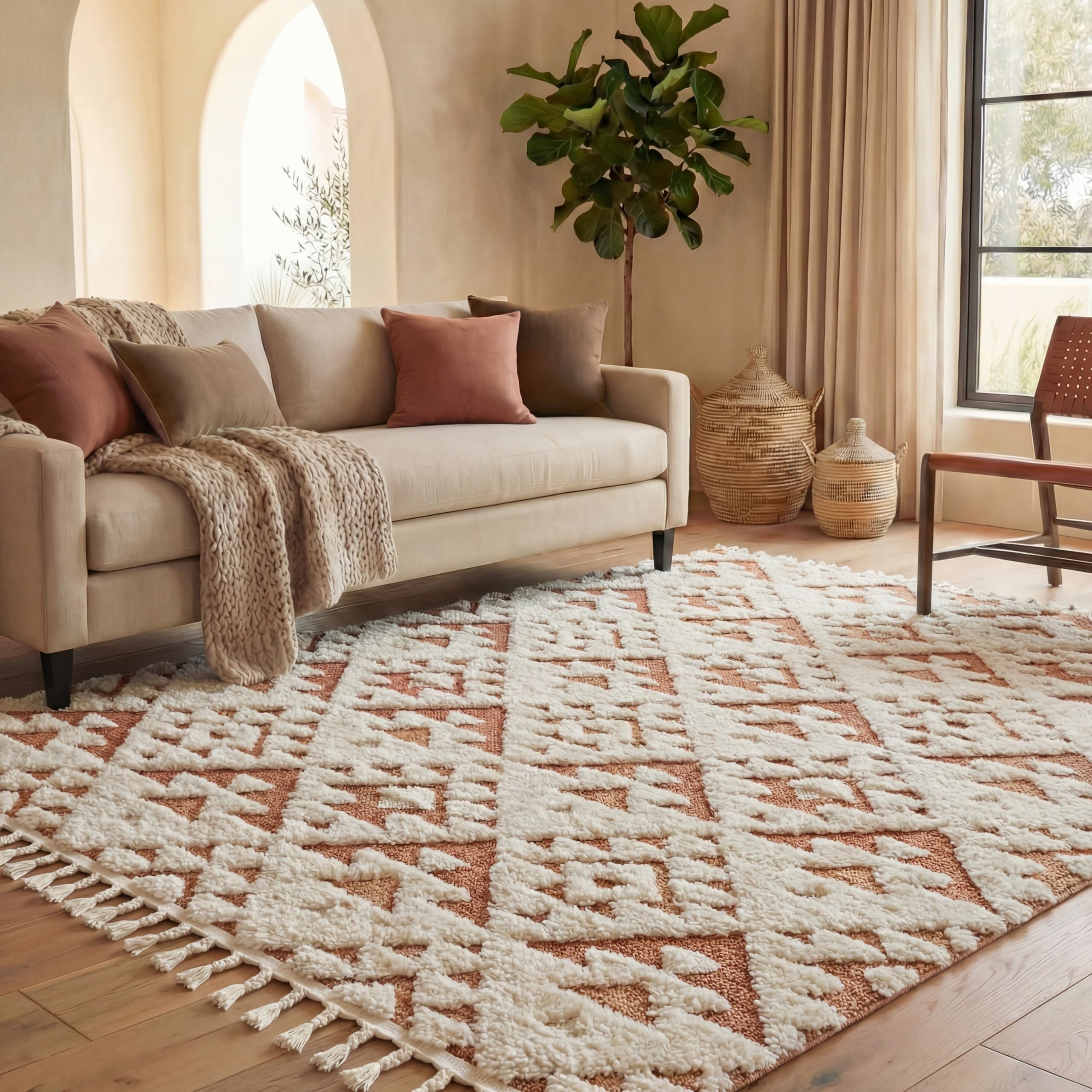 SAFAVIEH Moroccan Tassel Shag Collection Area Rug - 5'3" x 7'6", Ivory, Non-Shedding & Easy to Clean, Plush High-Low Texture, Ideal for Living Room, Bedroom, Dining Space (MTS688C)